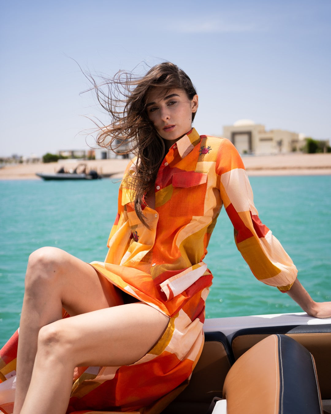 Orange Shirt Collar Abstract Flared Cotton Dress For Women