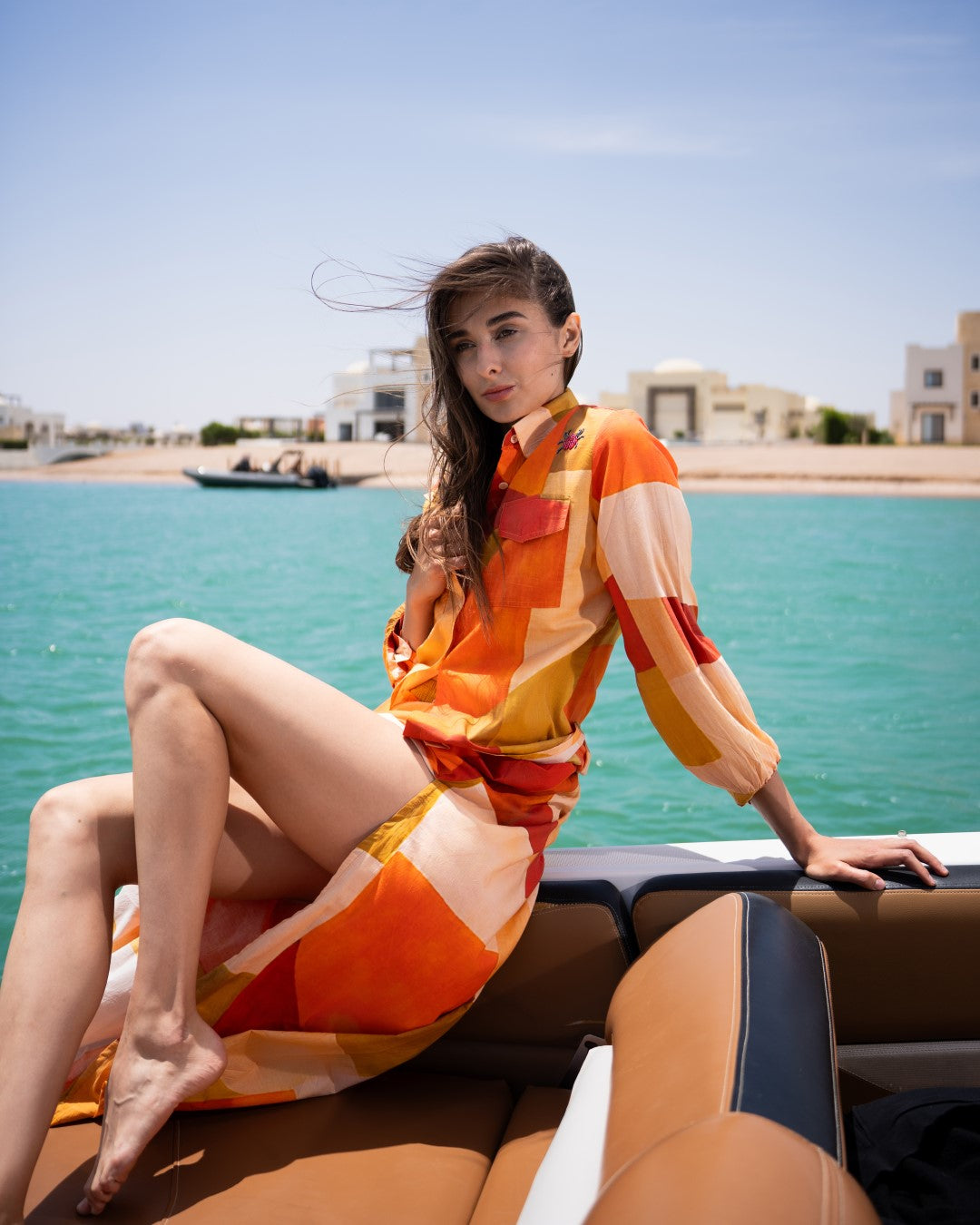 Orange Shirt Collar Abstract Flared Cotton Dress For Women