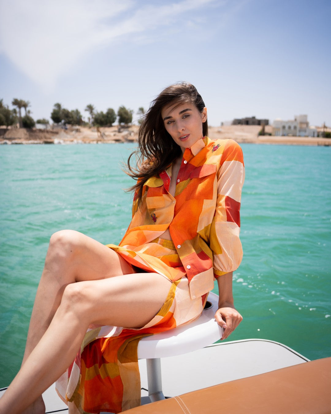 Orange Shirt Collar Abstract Flared Cotton Dress For Women