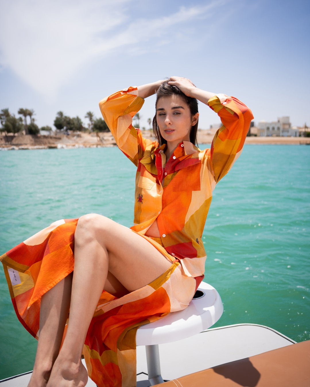 Orange Shirt Collar Abstract Flared Cotton Dress For Women