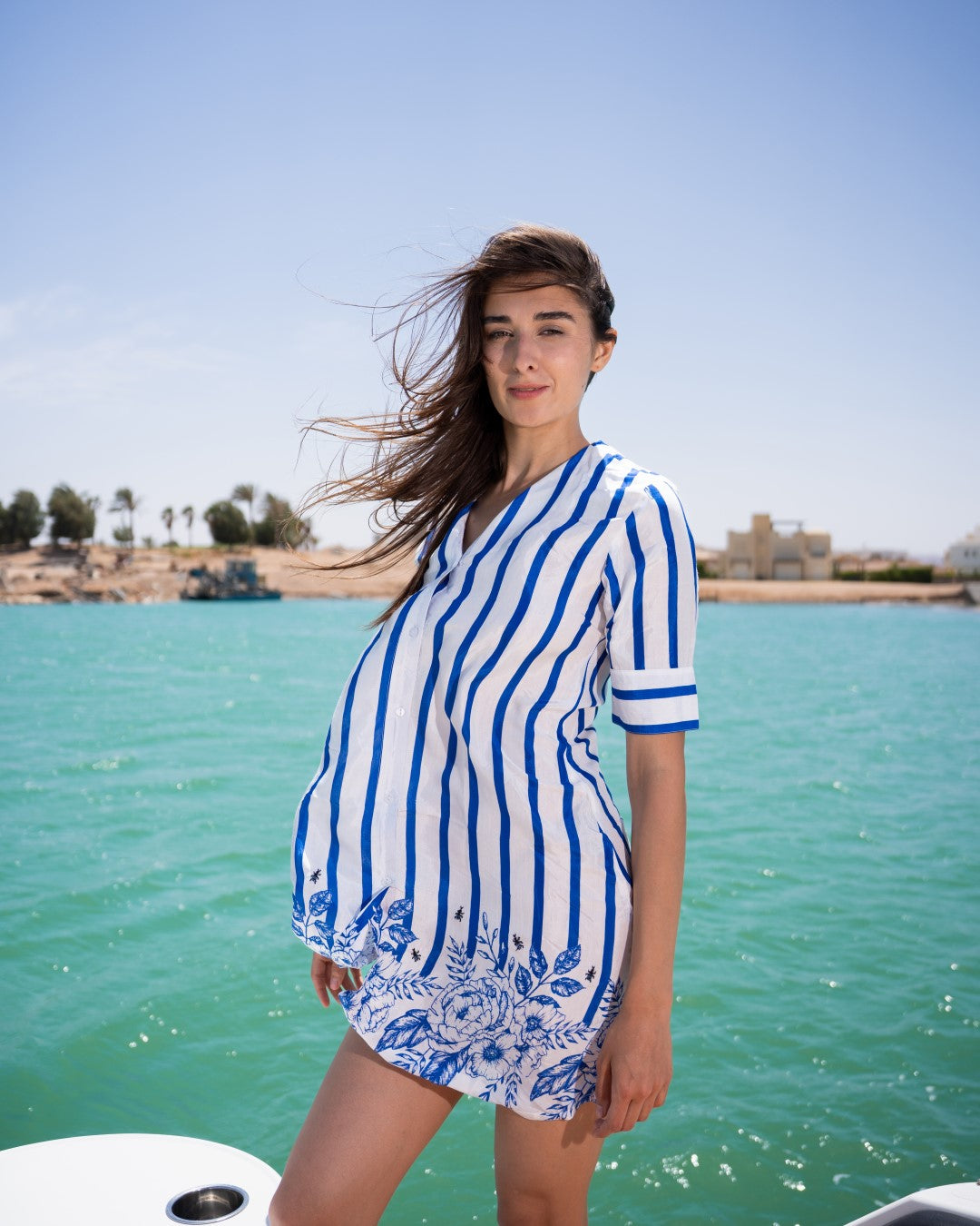 Blue Shirt Collar Striped Print Cotton Midi Dress For Women