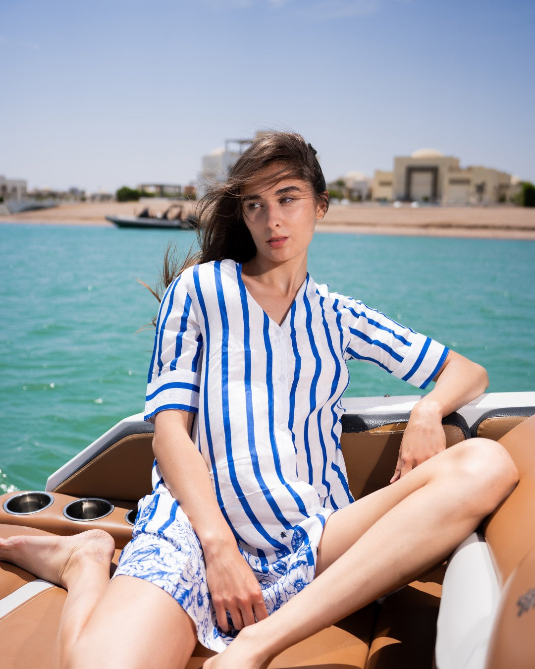 Blue Shirt Collar Striped Print Cotton Midi Dress For Women