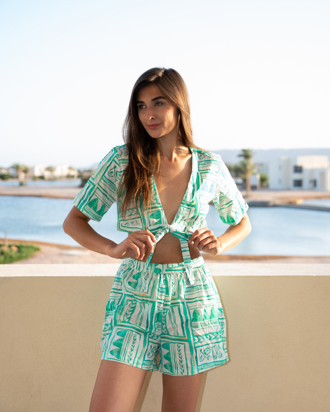 Green V-Neck Printed Pure Cotton Co-Ord Set For Women