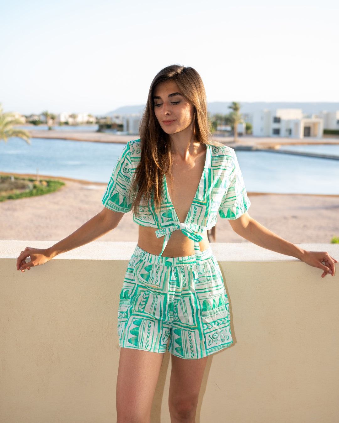 Green V-Neck Printed Pure Cotton Co-Ord Set For Women