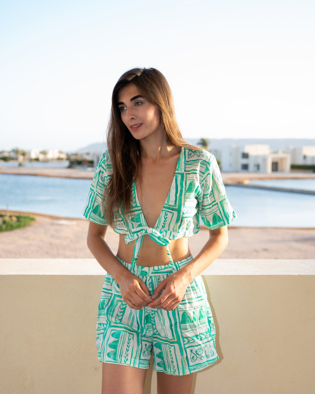 Green V-Neck Printed Pure Cotton Co-Ord Set For Women