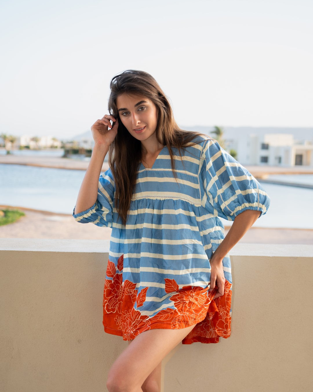 Blue Stripes Print V Neck Cotton Mini Dress For Women