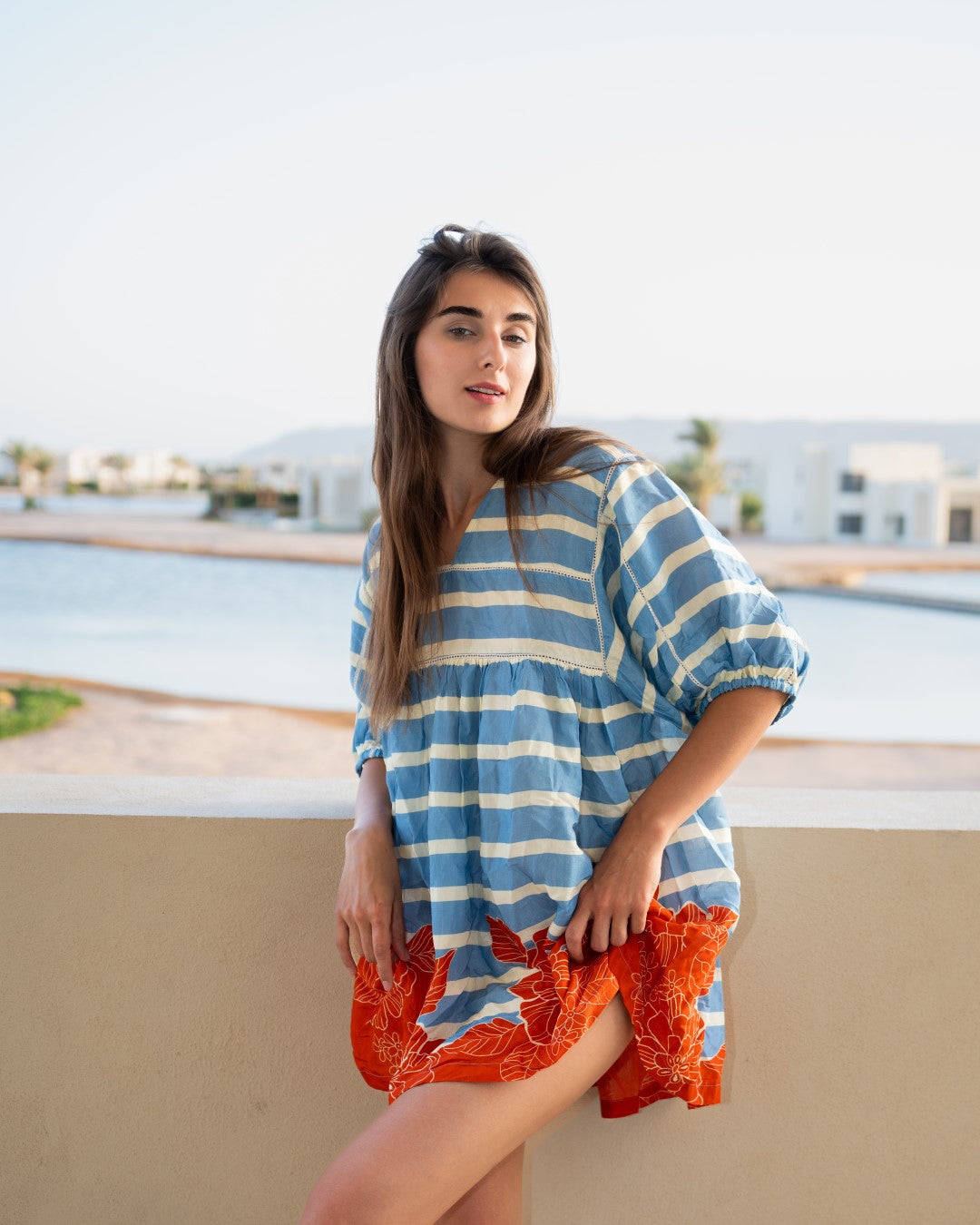 Blue Stripes Print V Neck Cotton Mini Dress For Women