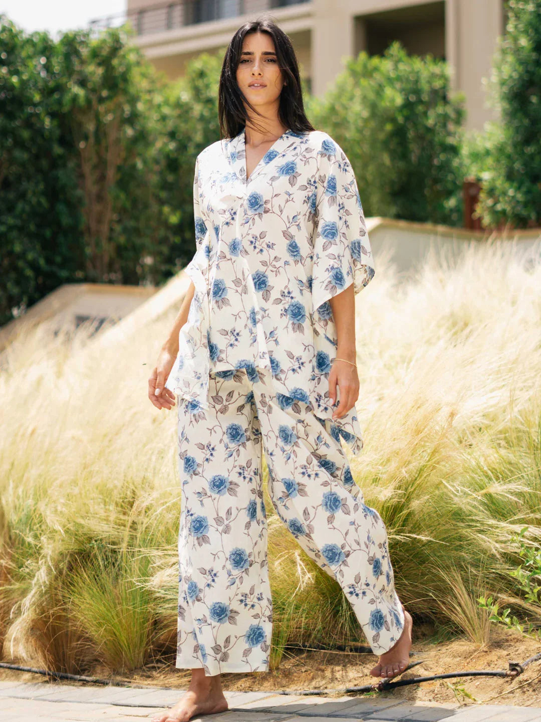 White Floral Printed V-Neck Night Suit Set - SanskrutiHomes