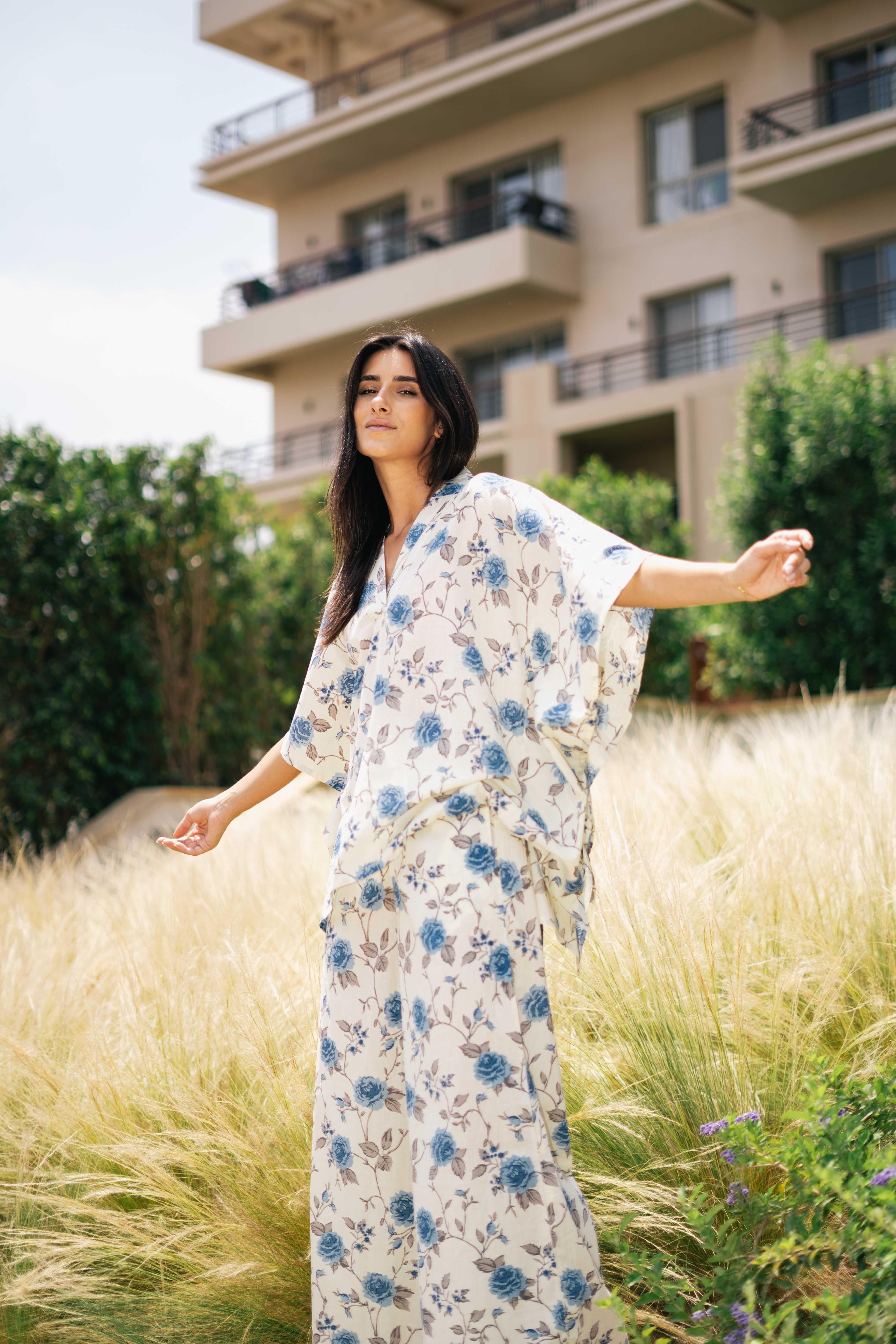White Floral Printed V-Neck Night Suit Set - SanskrutiHomes