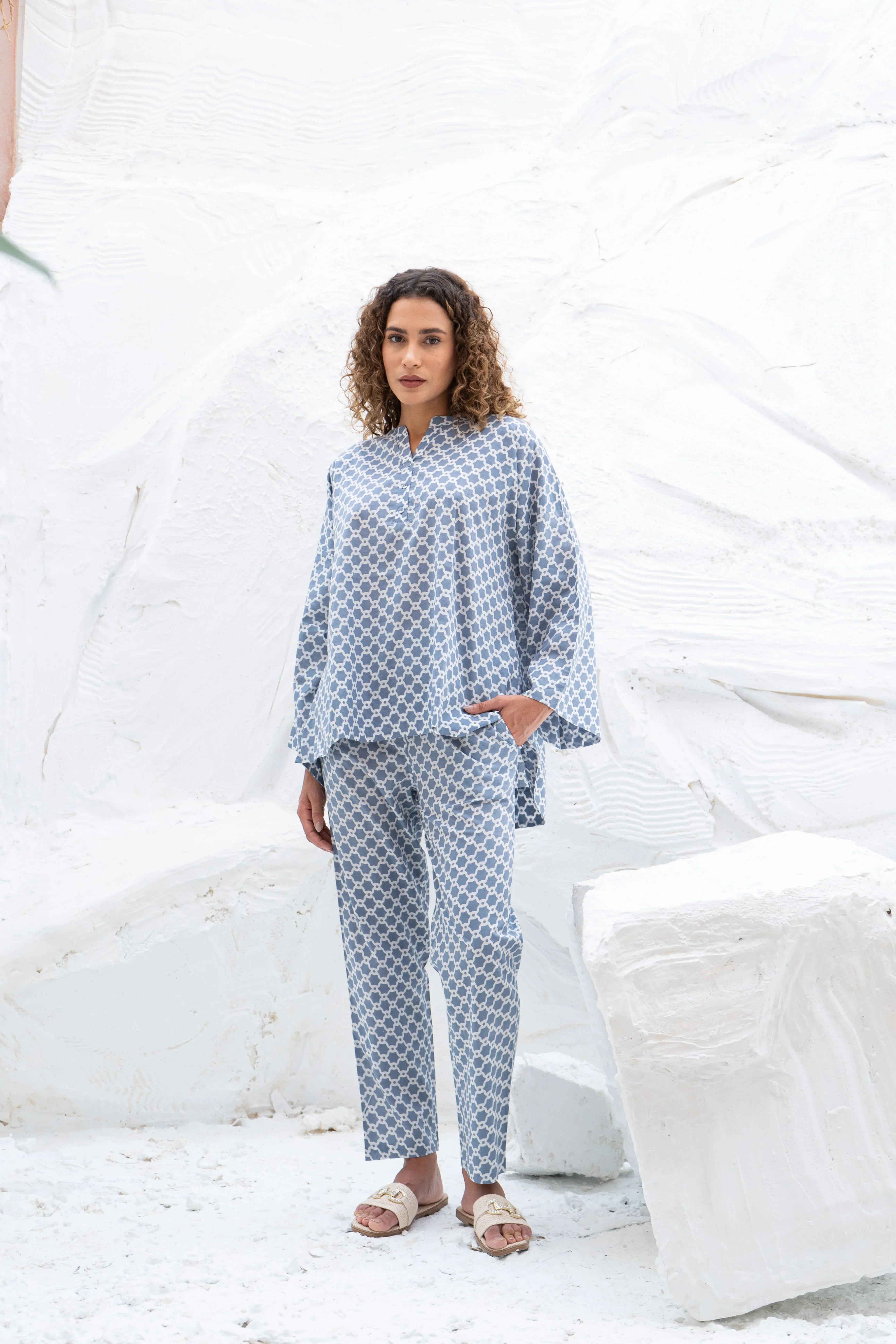 Blue Printed Cotton Night Suit Set - SanskrutiHomes