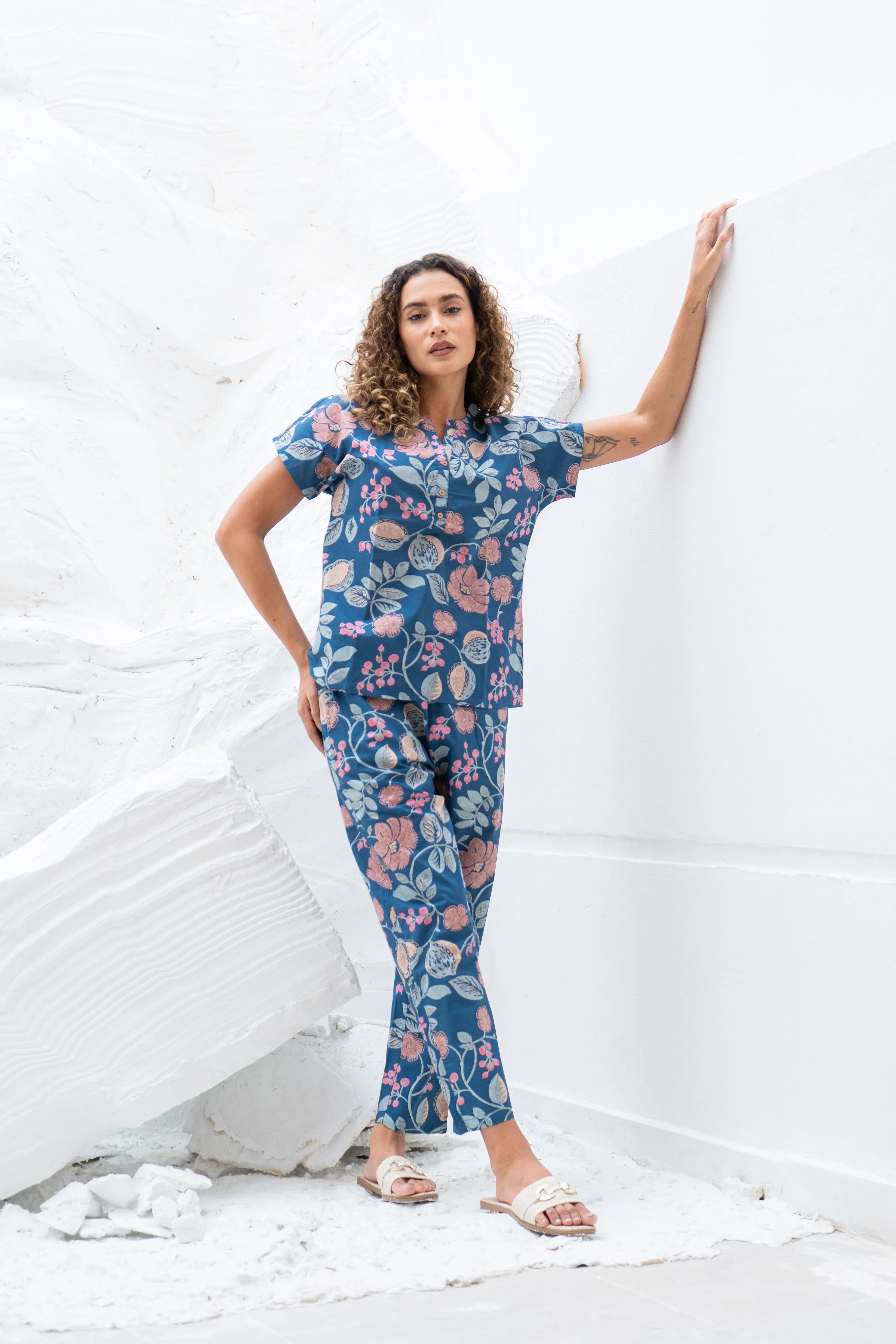 Blue Floral Printed Cotton Night Suit Set - SanskrutiHomes