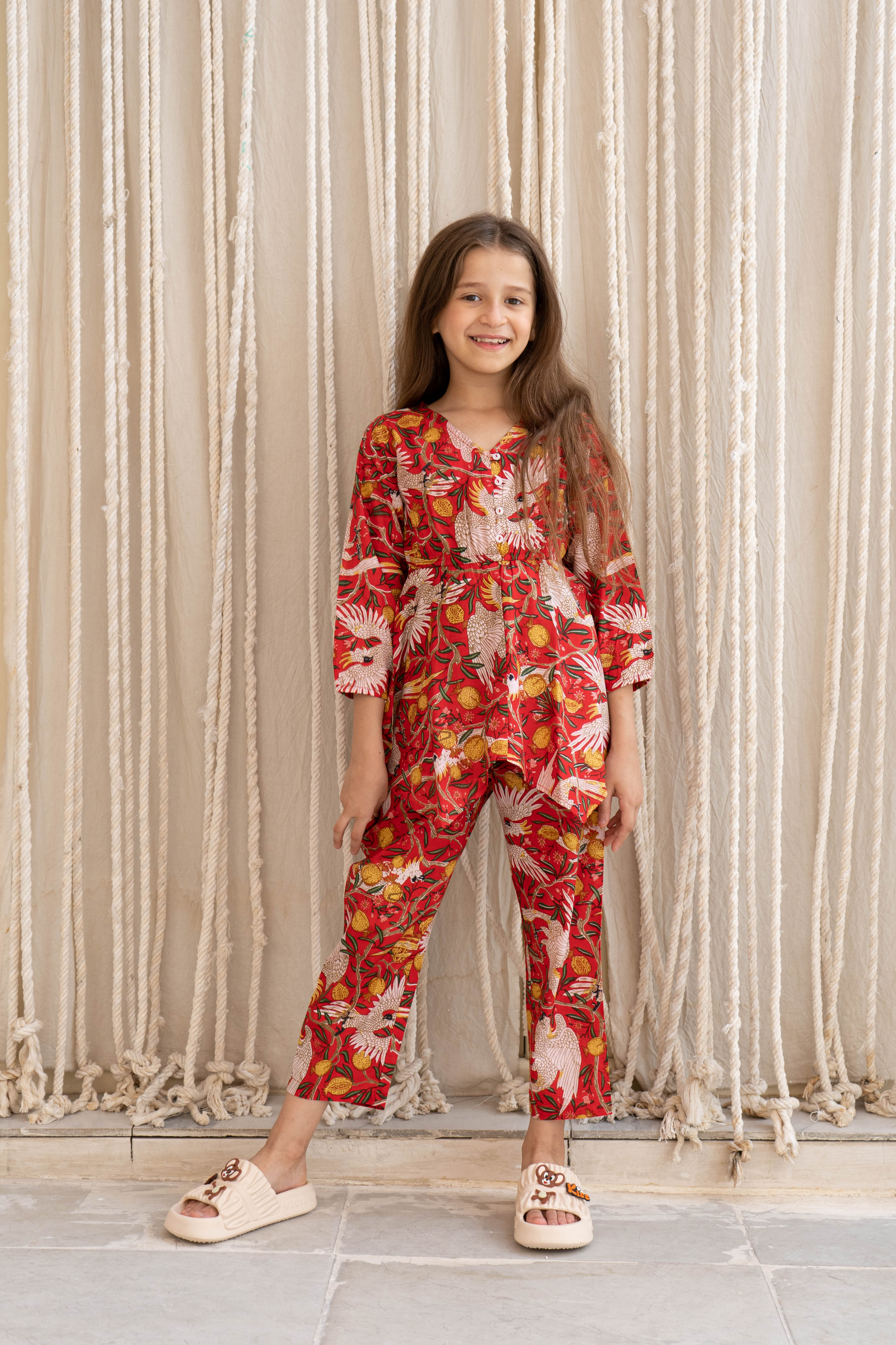 Red Flower Printed Cotton Night Suit for Kids - SanskrutiHomes