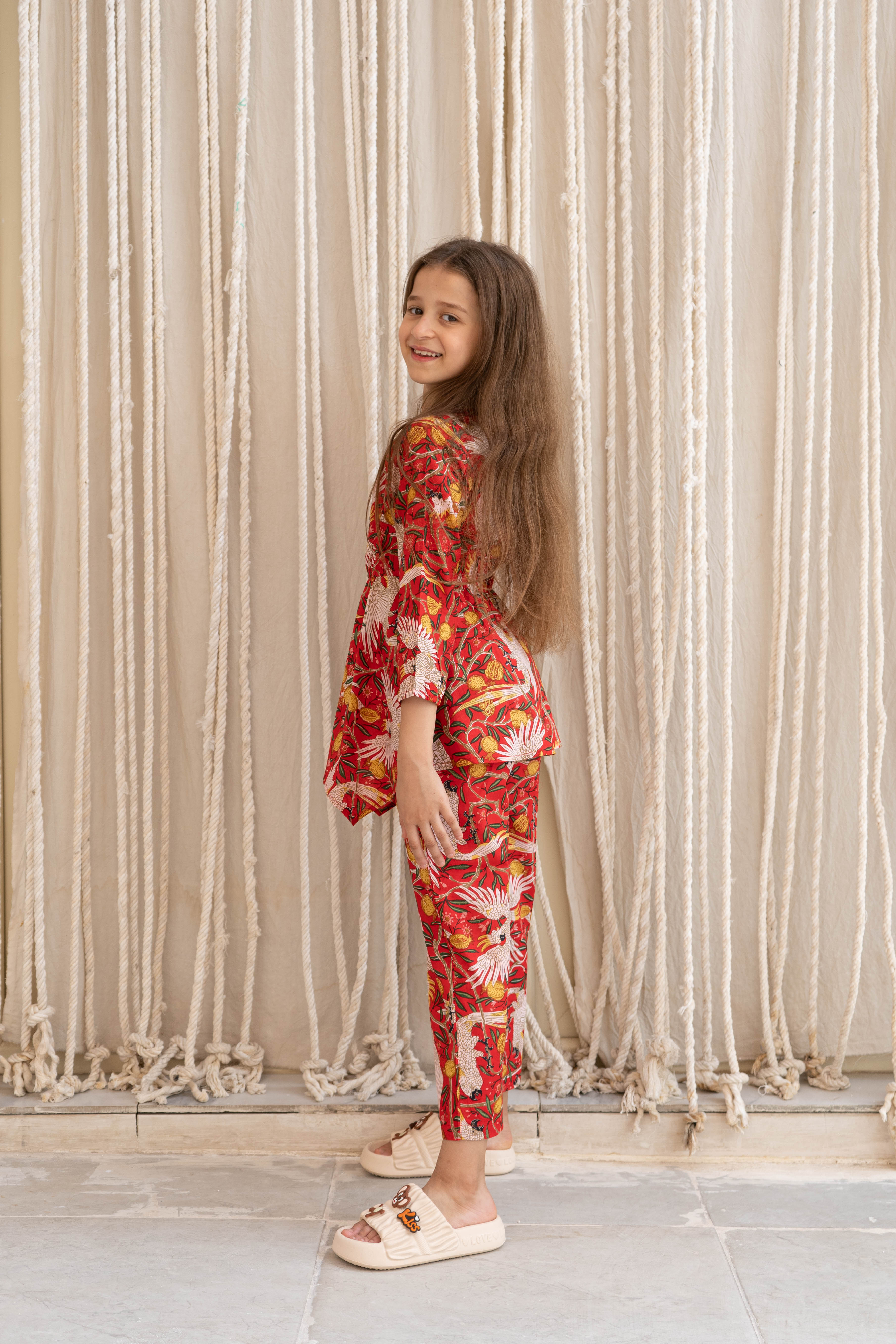 Red Flower Printed Cotton Night Suit for Kids - SanskrutiHomes