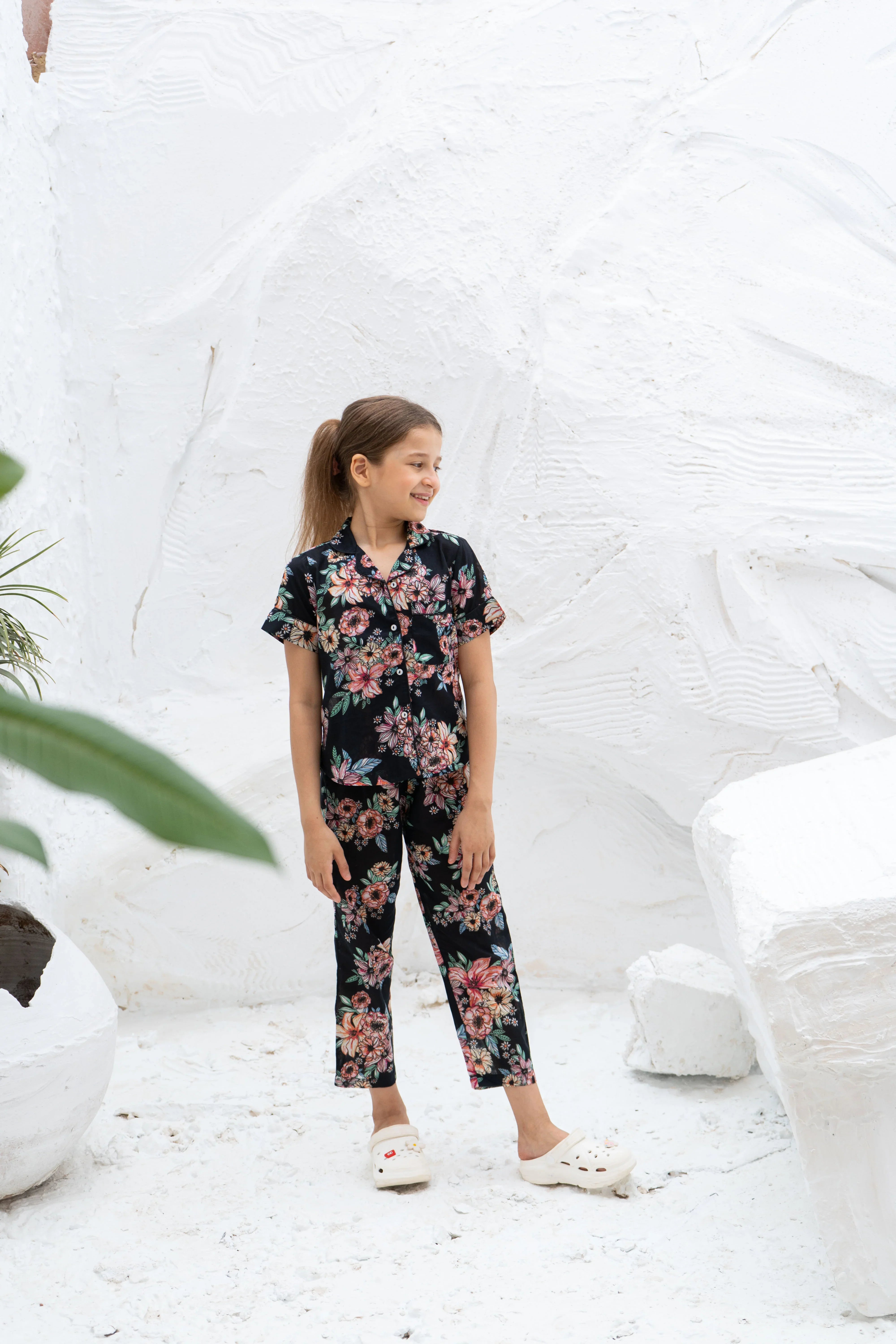 Black Flower Printed Cotton Night Suit for Kids - SanskrutiHomes