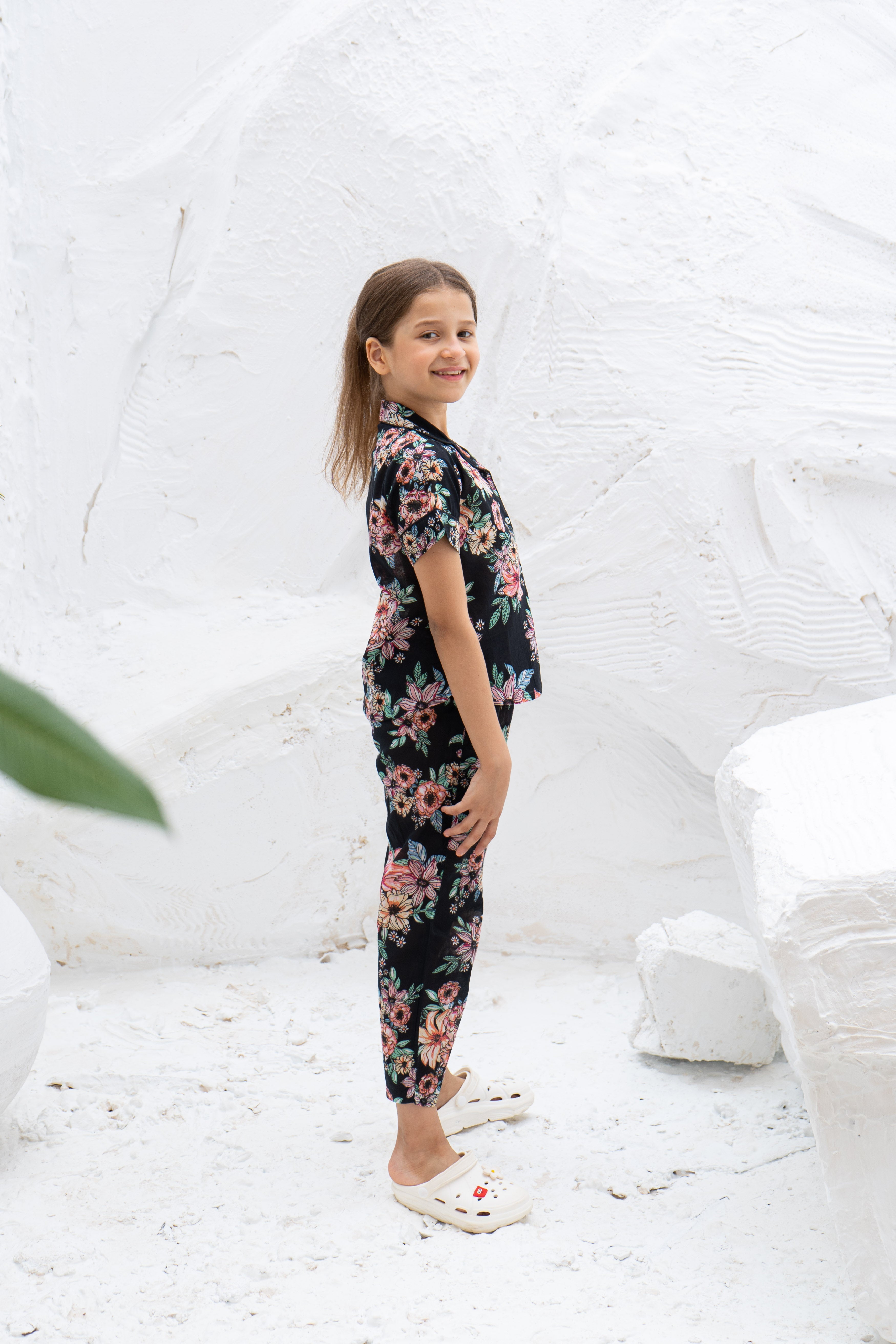Black Flower Printed Cotton Night Suit for Kids - SanskrutiHomes