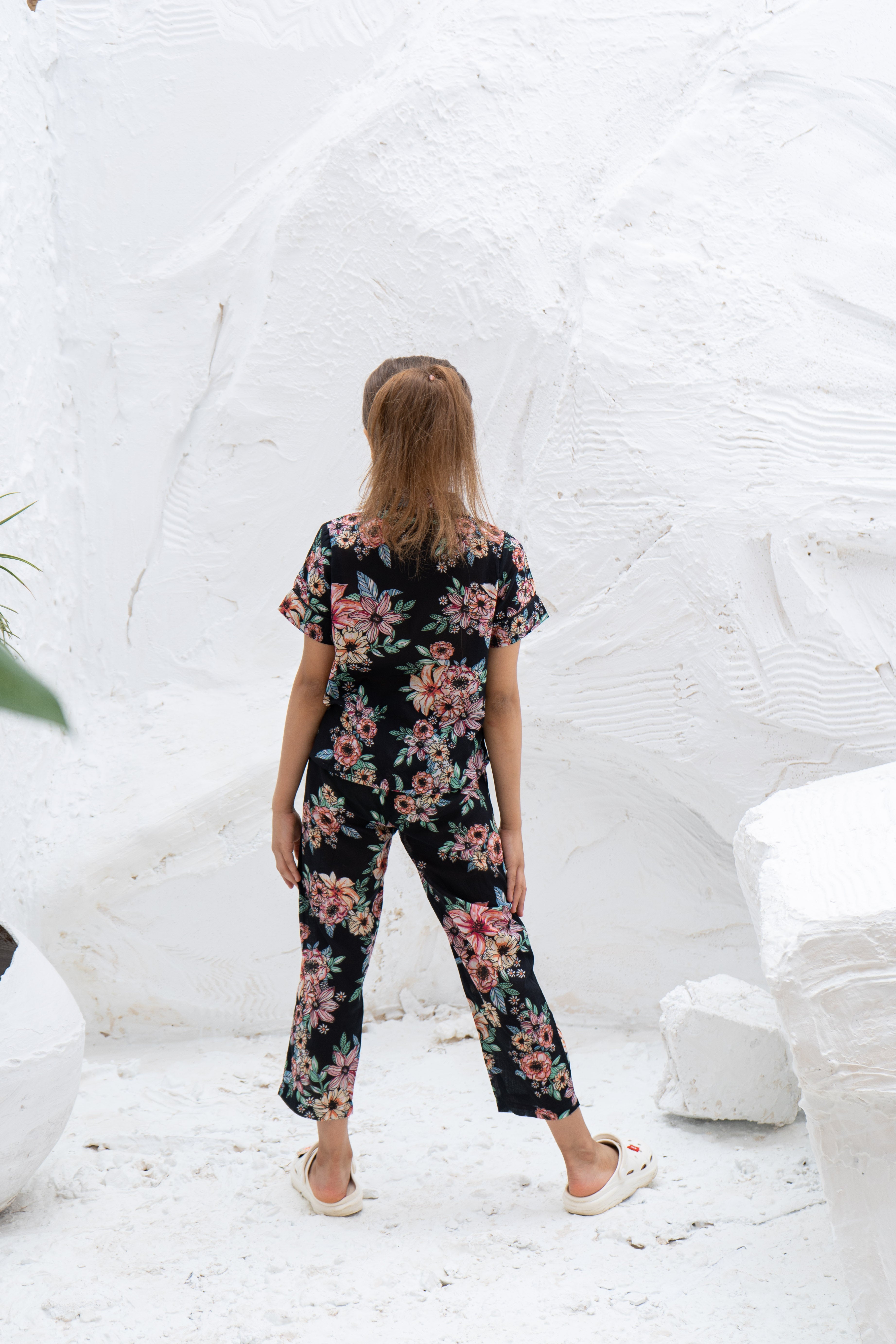 Black Flower Printed Cotton Night Suit for Kids - SanskrutiHomes