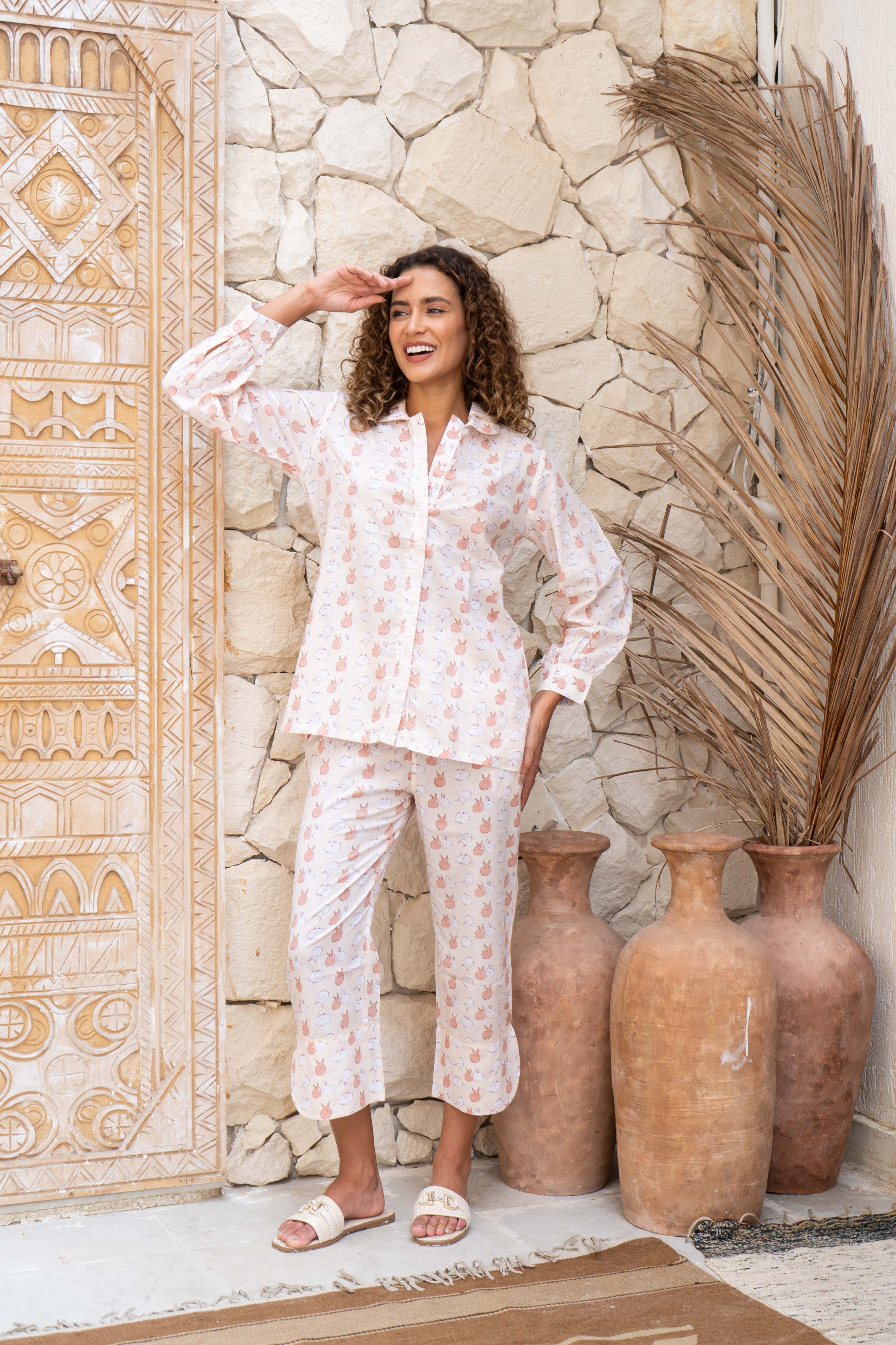 White Rabbit Printed Cotton Night Suit Set - SanskrutiHomes
