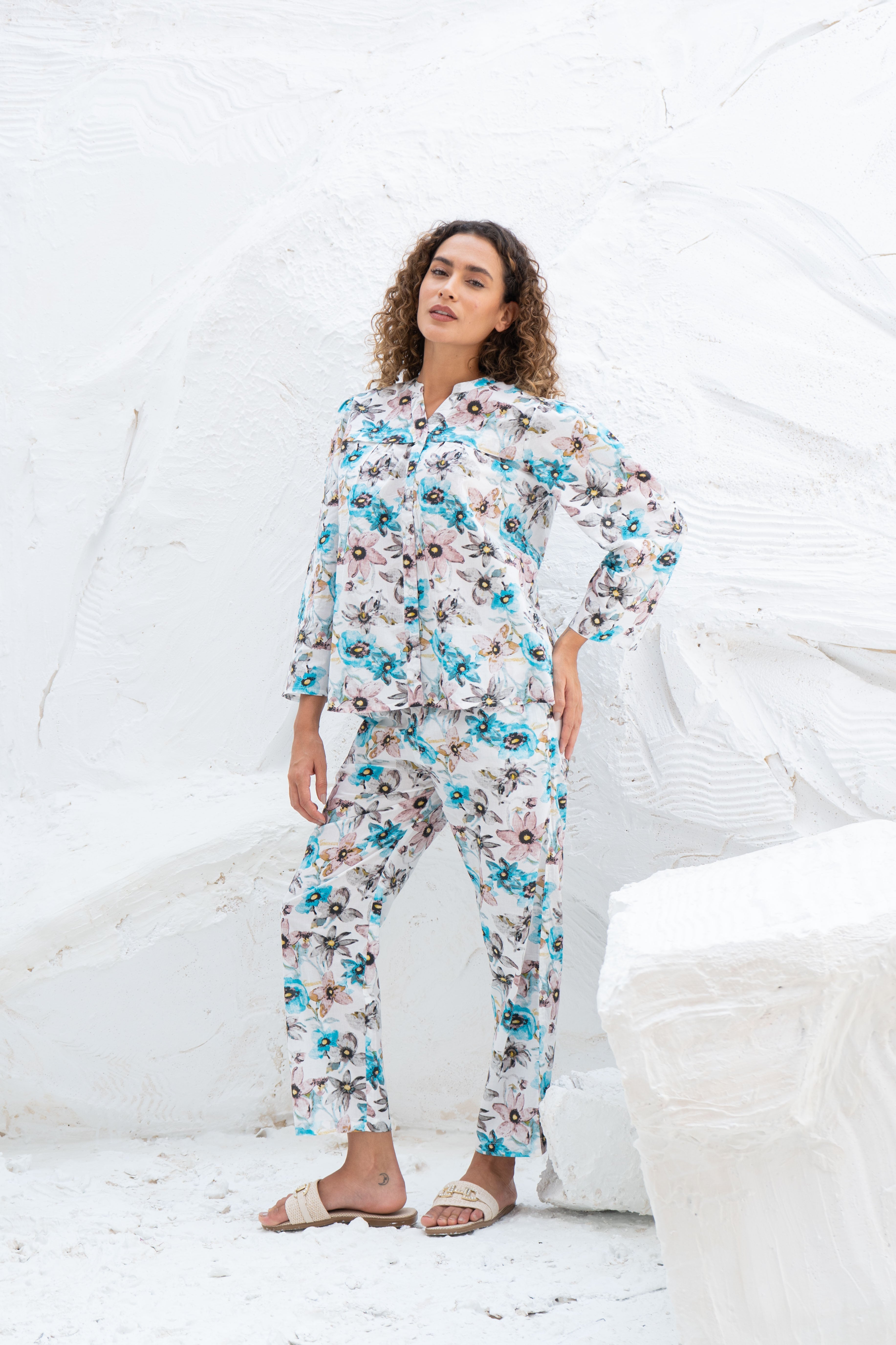 White Flower Printed Cotton Night Suit Set - SanskrutiHomes