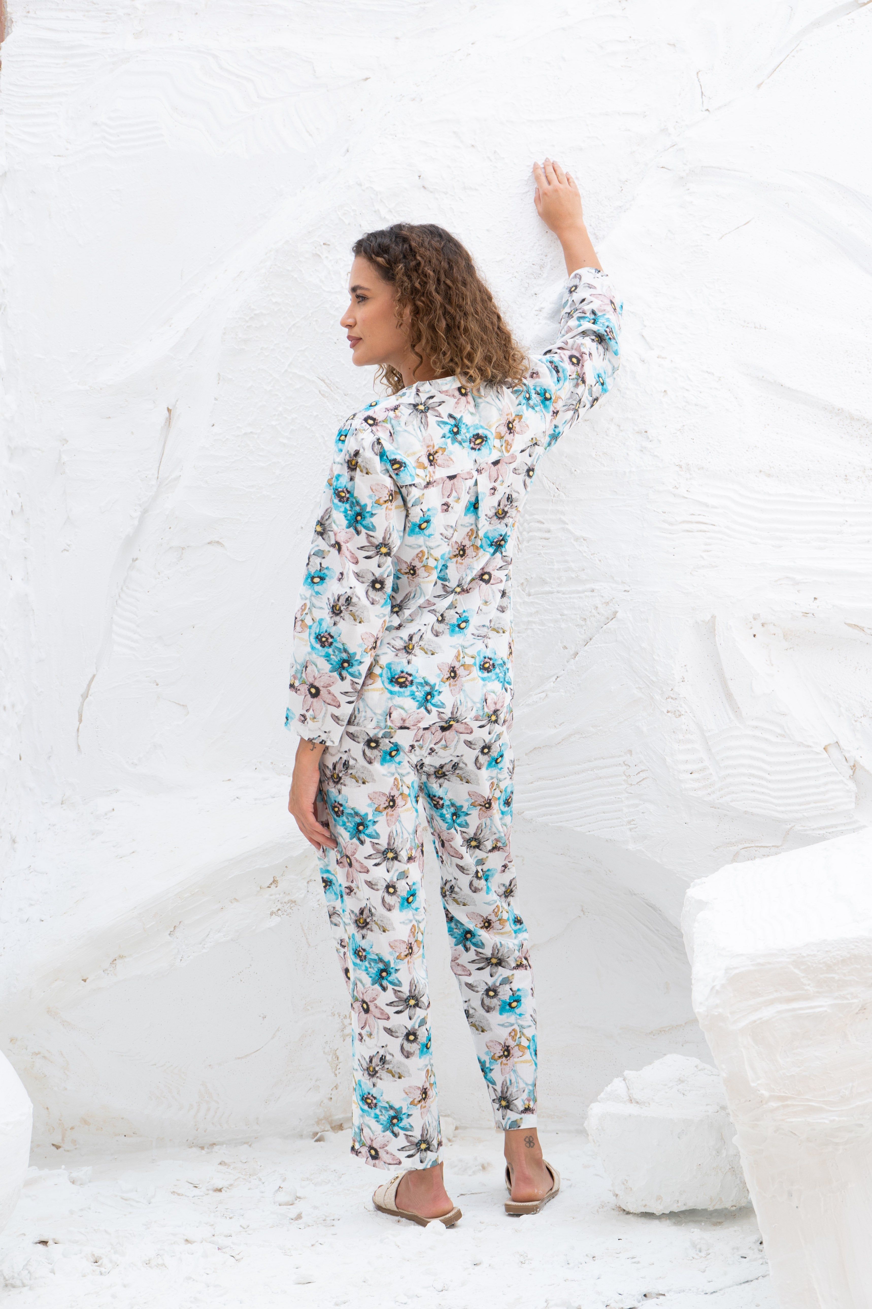 White Flower Printed Cotton Night Suit Set