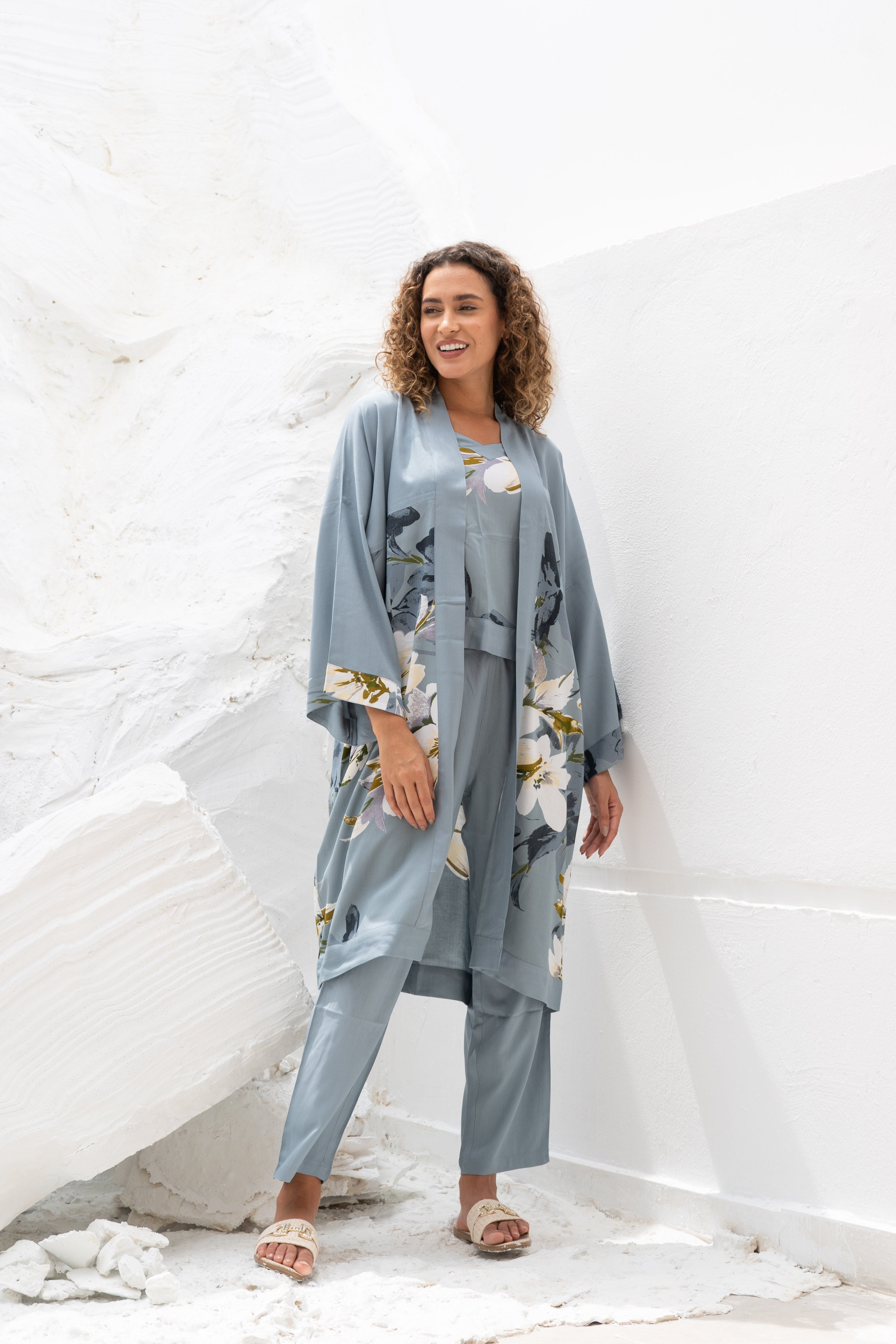 Set of 3 Grey Cotton Night Suit Set - SanskrutiHomes