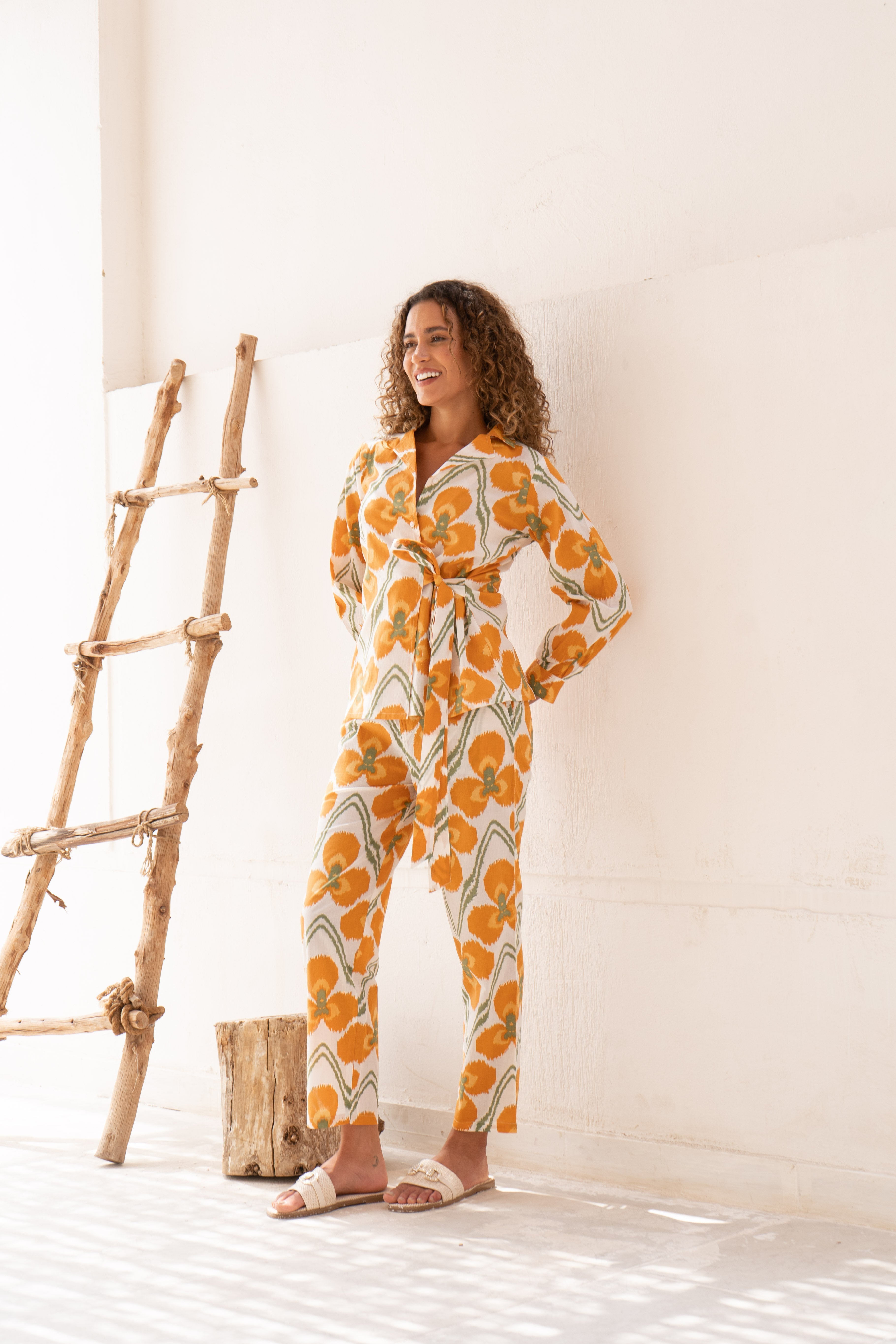 Yellow Flower Printed Cotton Co-ords Set - SanskrutiHomes