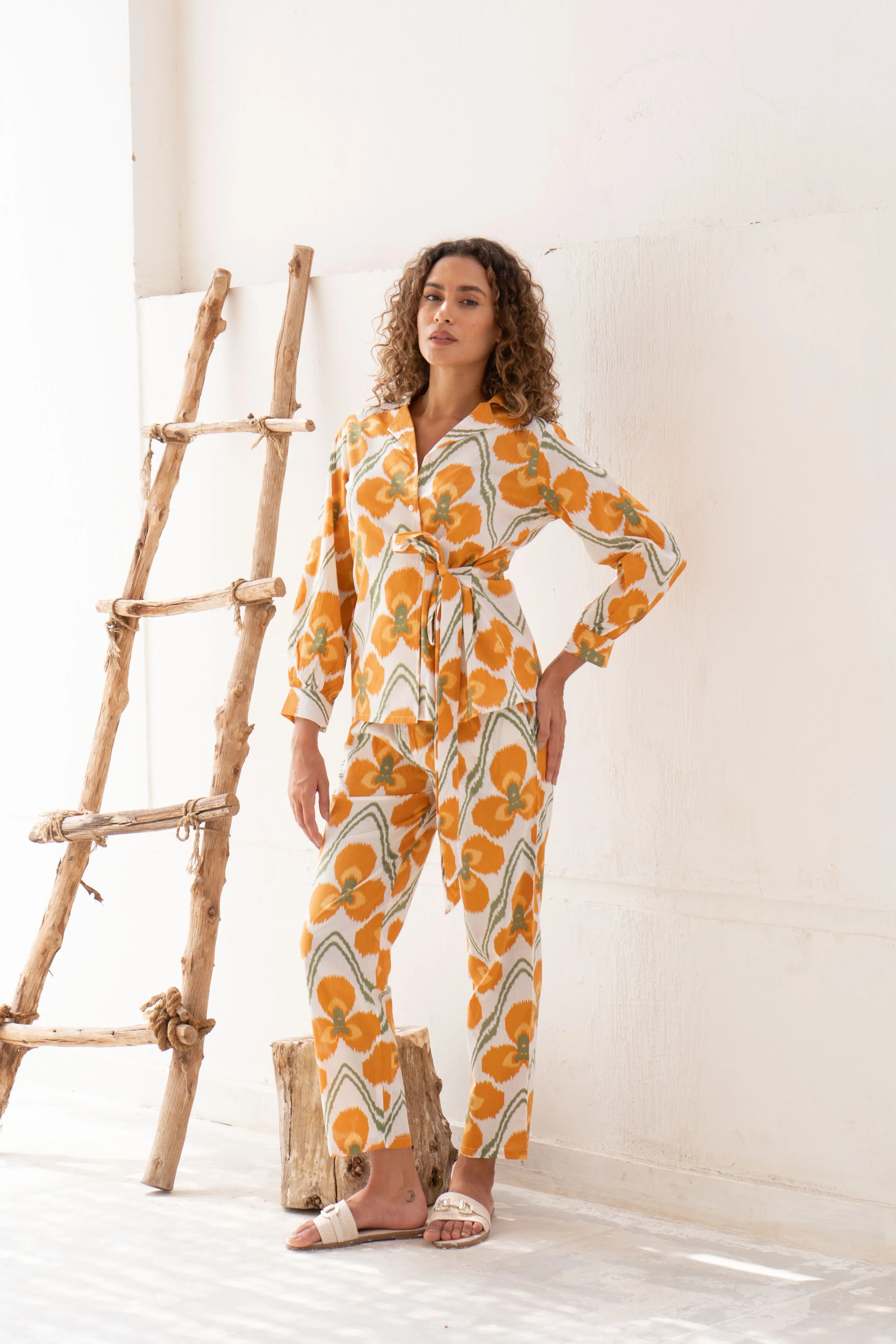 Yellow Flower Printed Cotton Co-ords Set - SanskrutiHomes