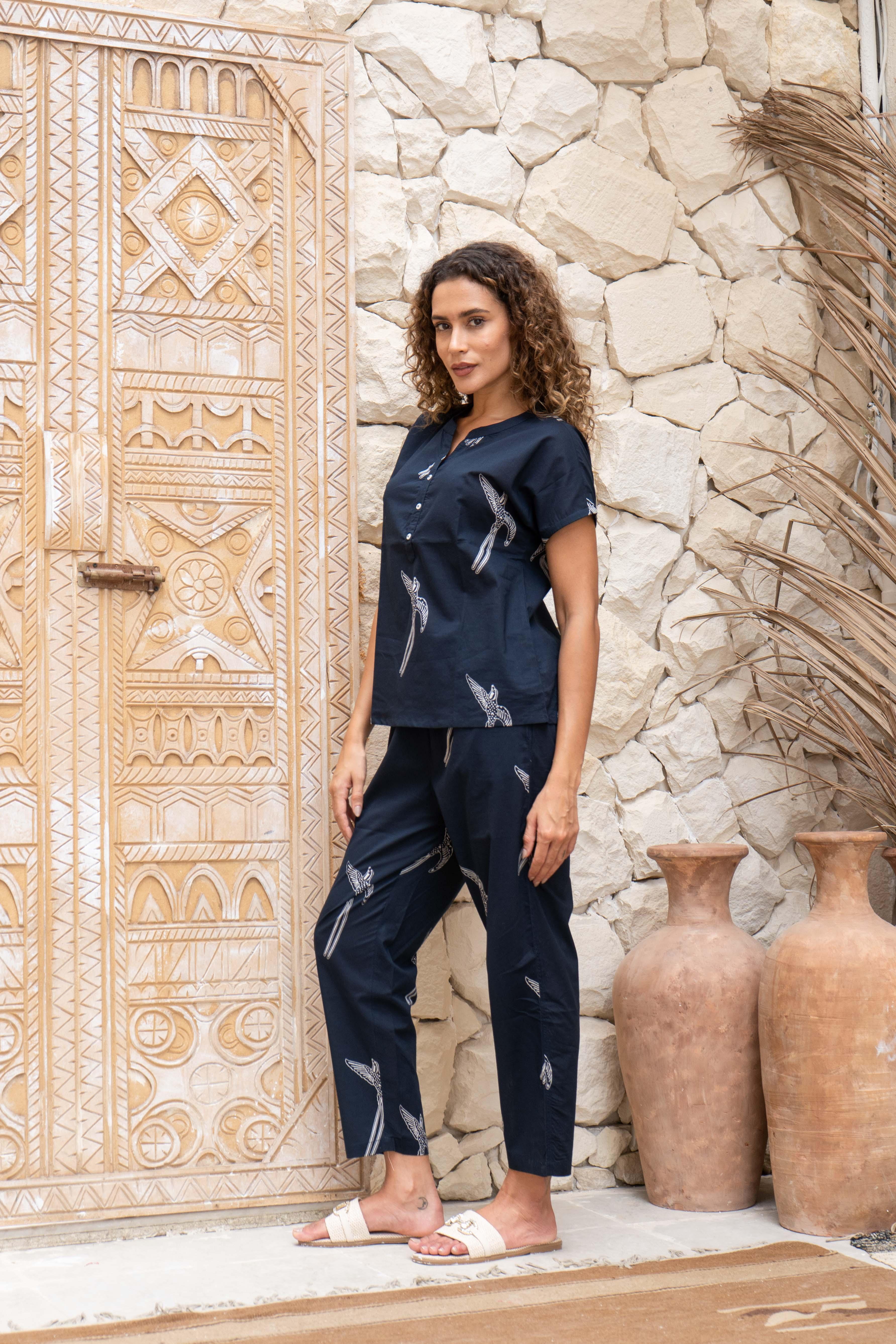Navy Blue Printed Cotton Night Suit Set - SanskrutiHomes