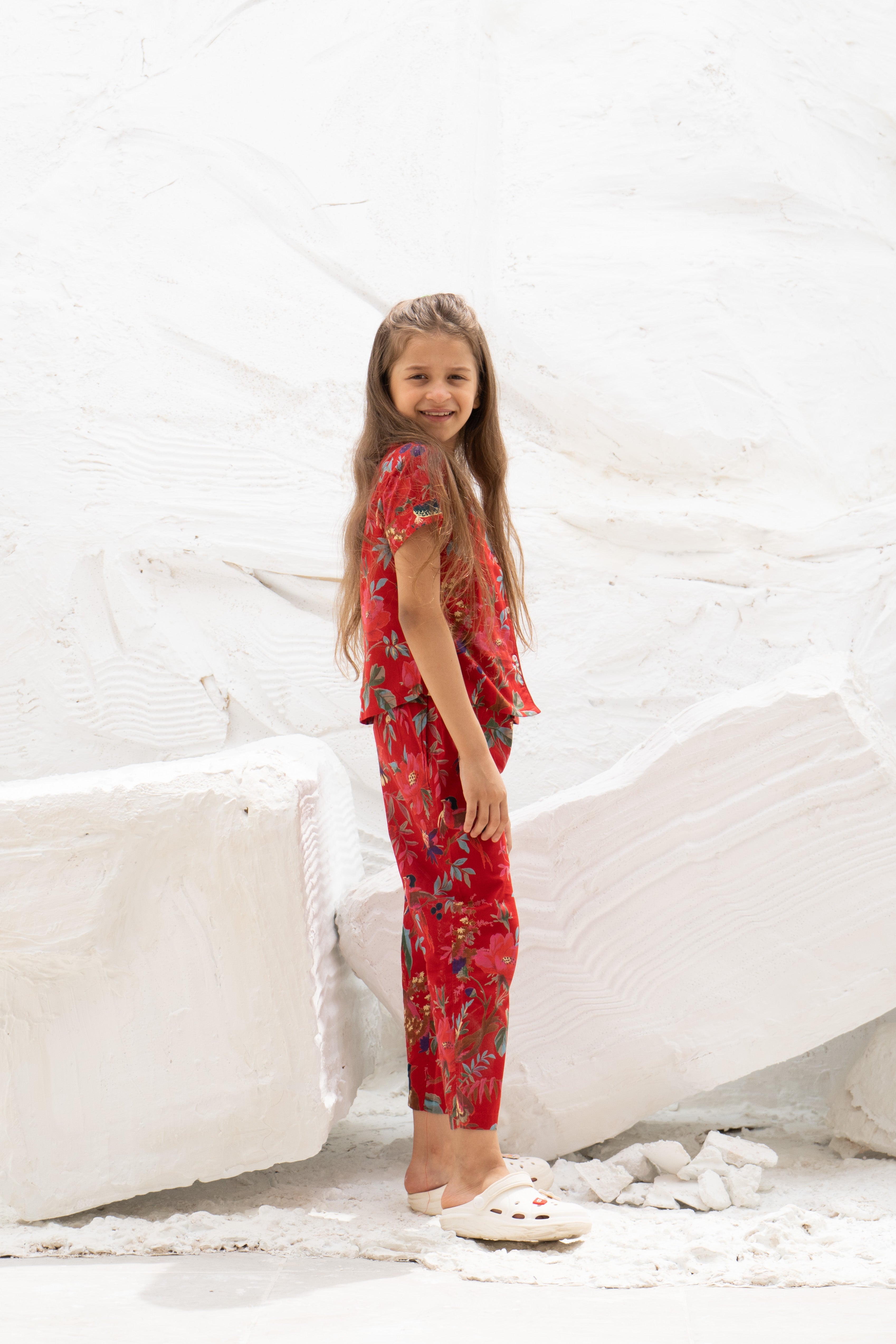 Red Floral Printed Cotton Night Suit for Kids - SanskrutiHomes