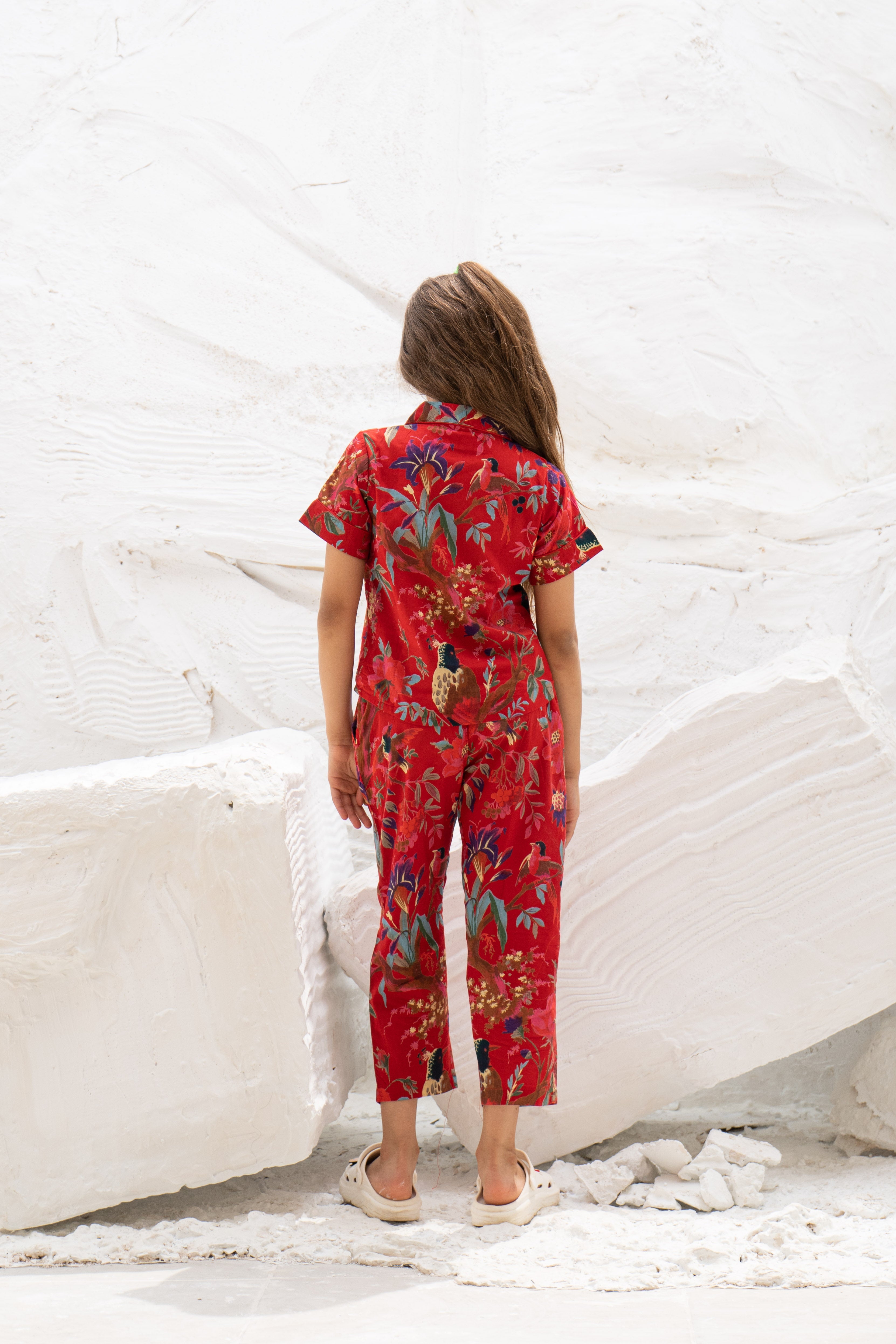 Red Floral Printed Cotton Night Suit for Kids - SanskrutiHomes