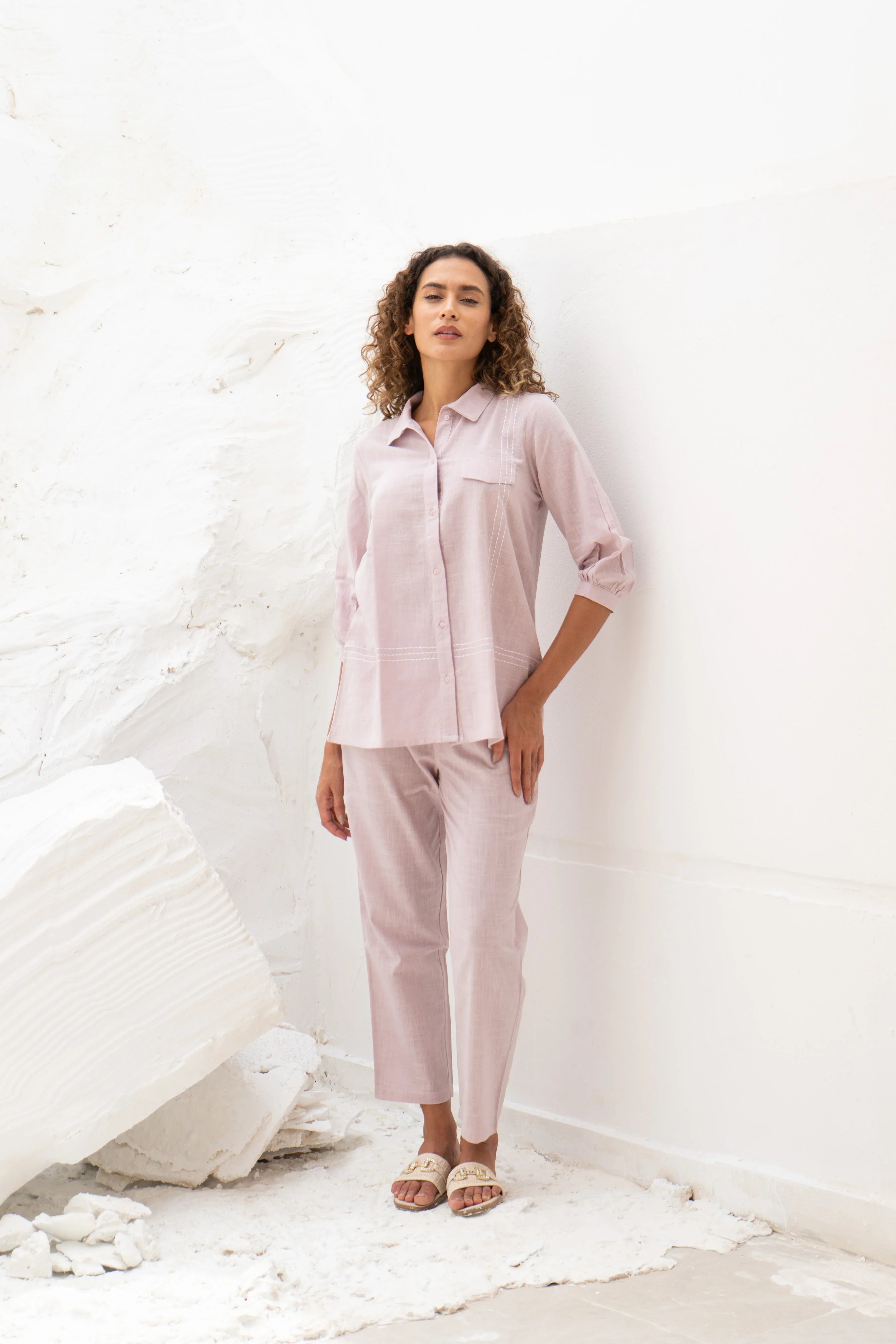 Light Pink Solid Print Co-ords for Women - SanskrutiHomes