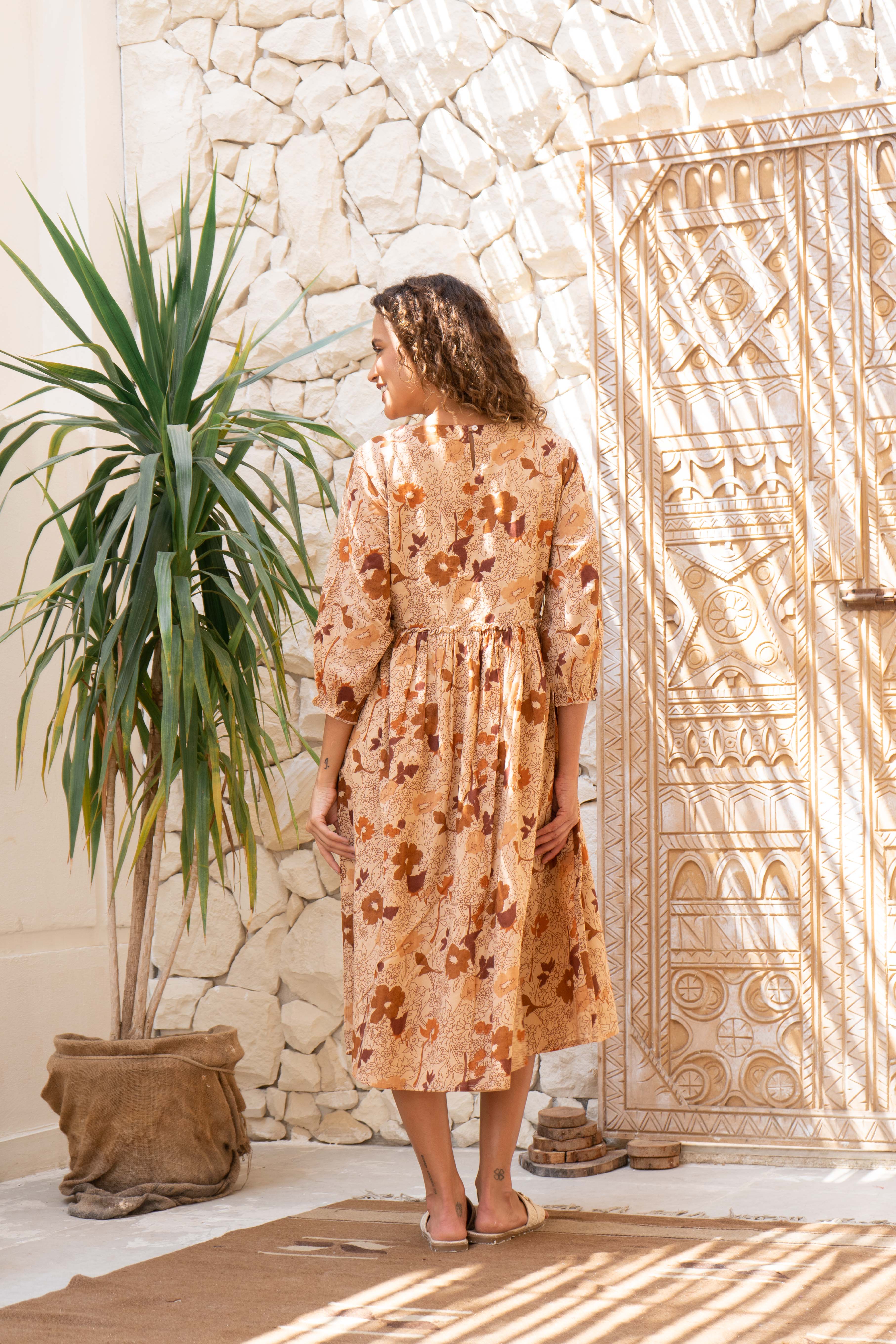 Orange Floral Printed Cotton Dress