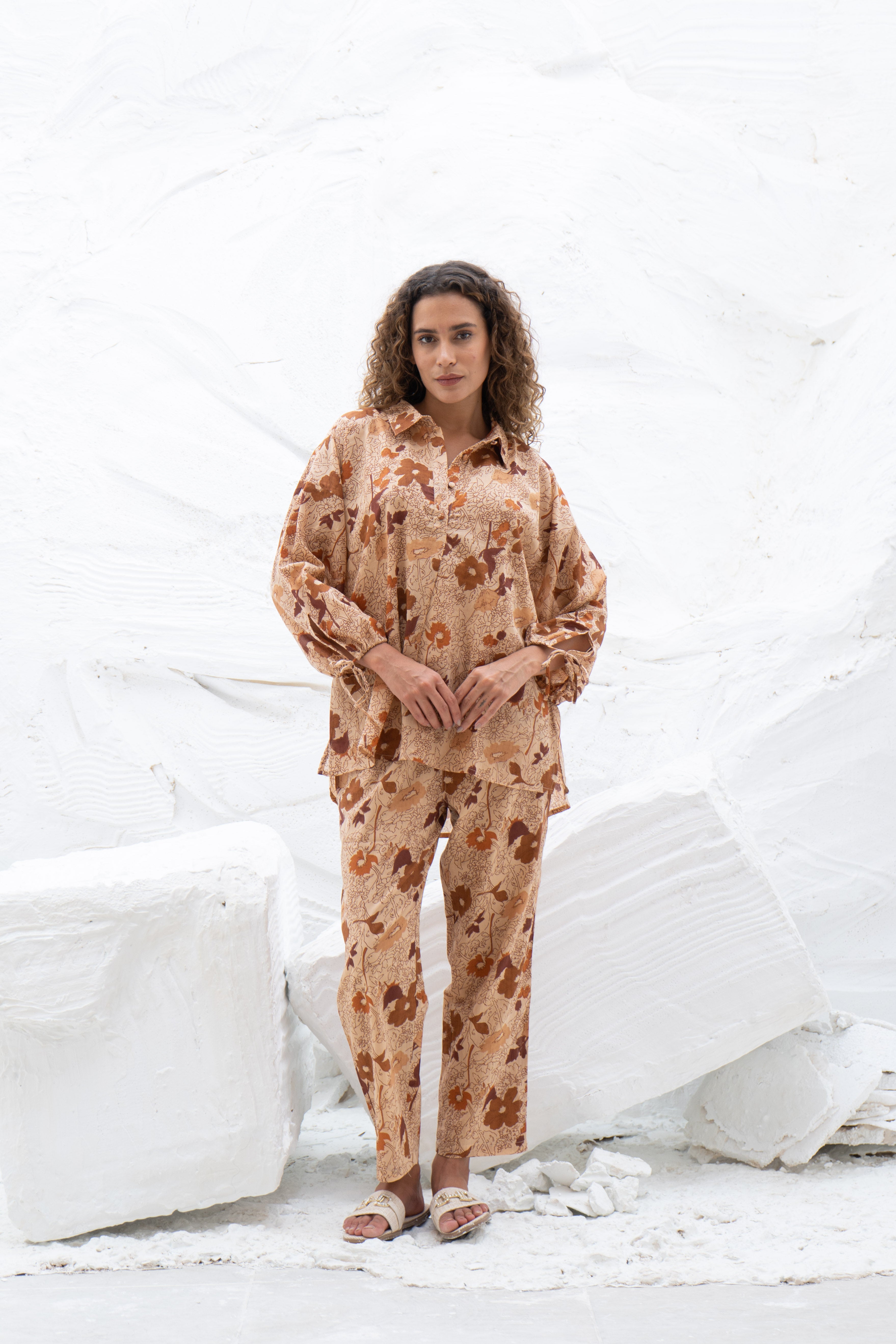 Brown Flower Printed Cotton Co-Ords Set