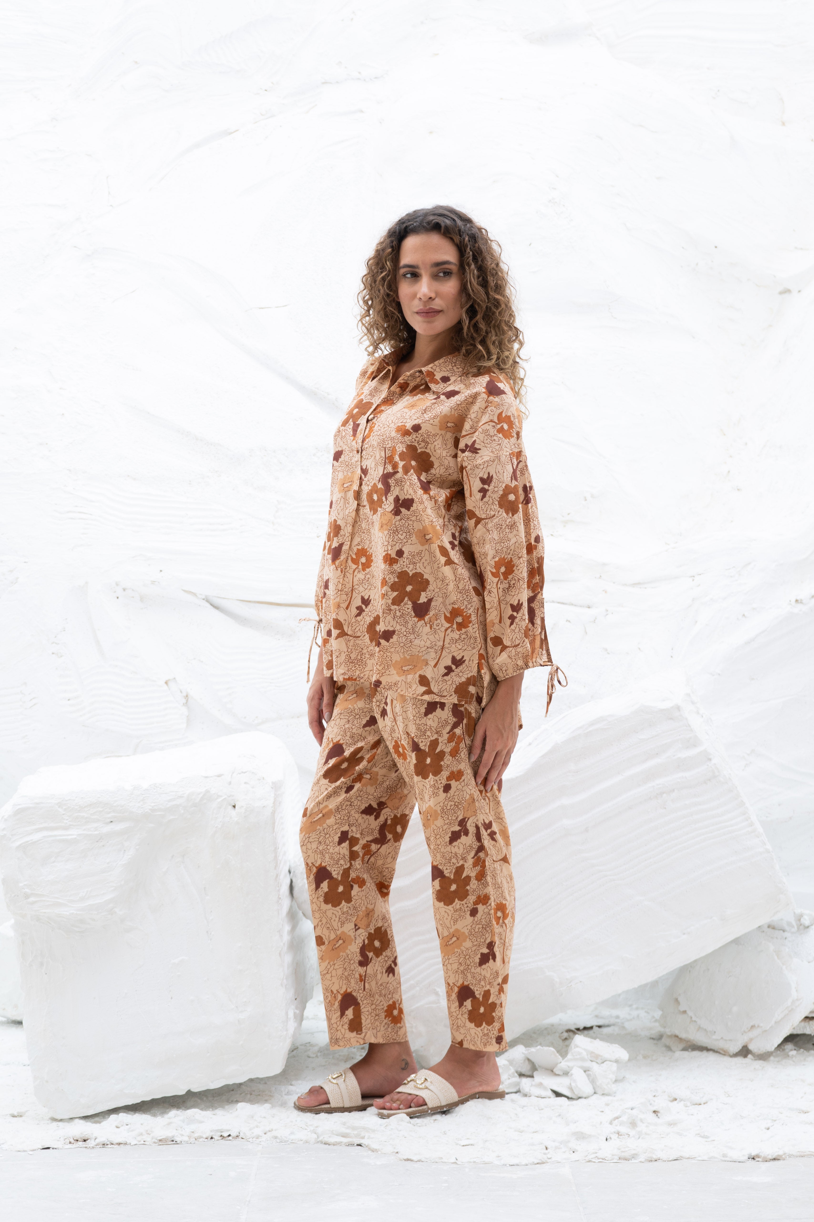 Brown Flower Printed Cotton Co-Ords Set