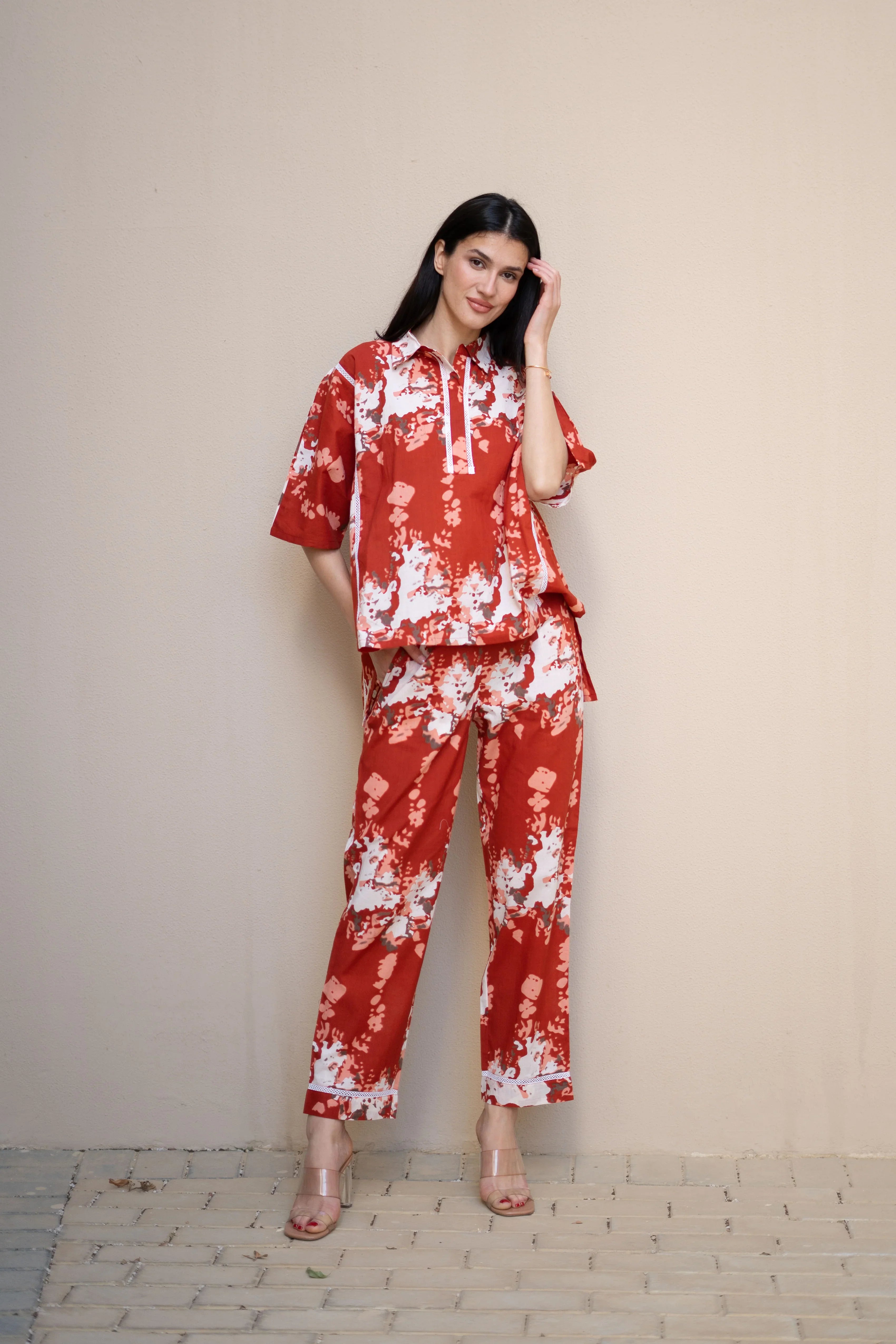 Red Color Floral Printed Cotton Night Suit - SanskrutiHomes