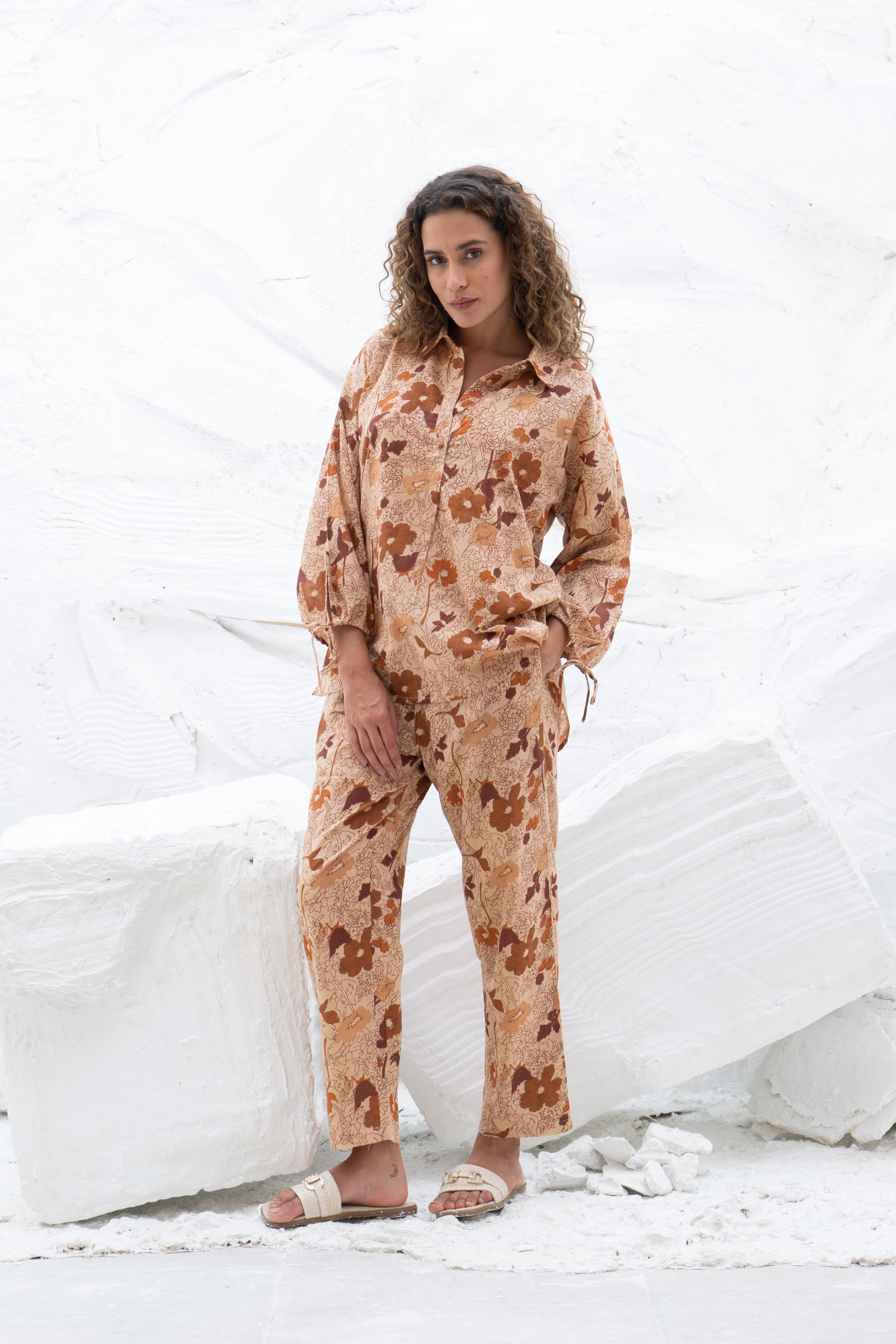 Brown Flower Printed Cotton Co-Ords Set