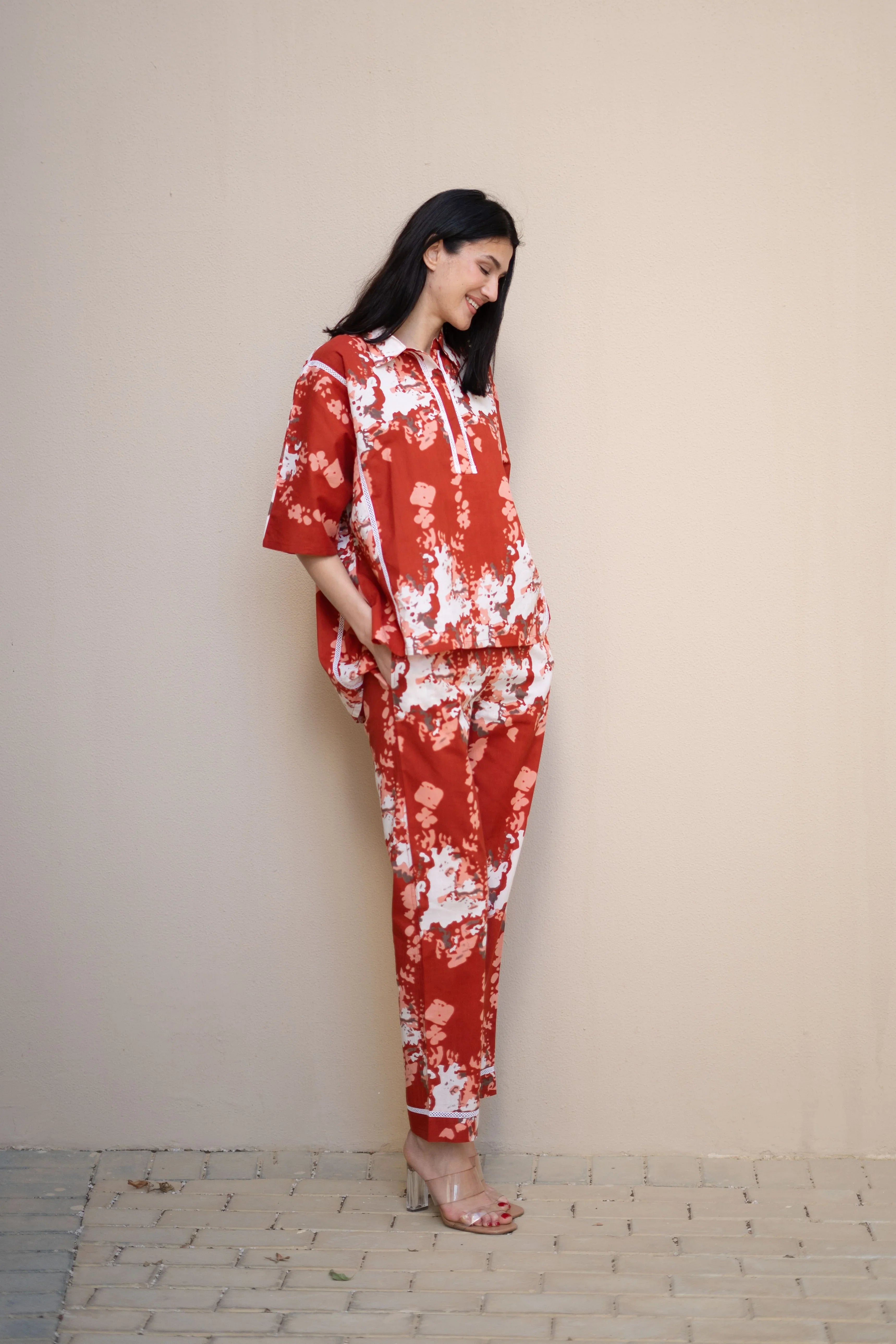 Red Color Floral Printed Cotton Night Suit - SanskrutiHomes