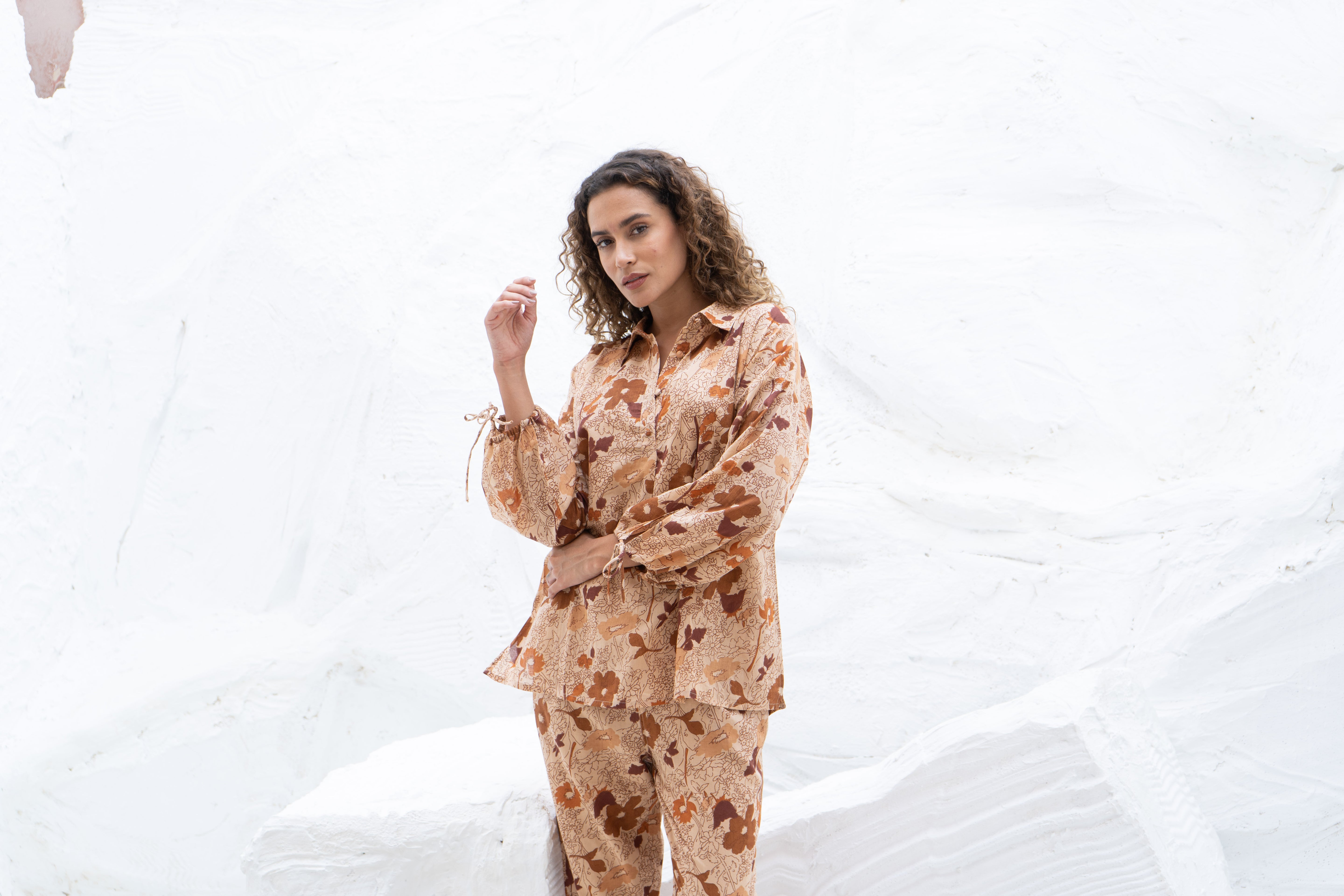 Brown Flower Printed Cotton Co-ords Set