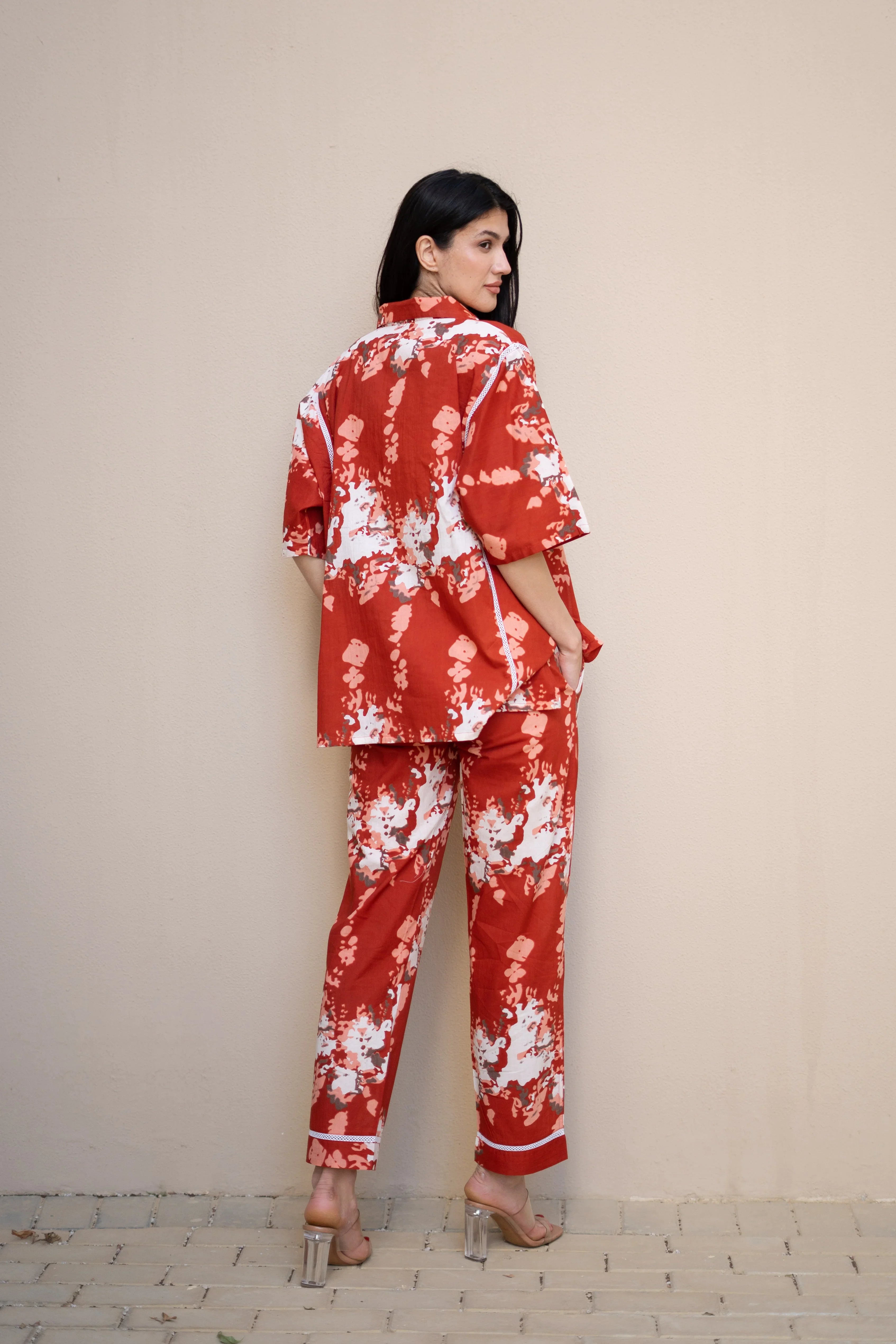 Red Color Floral Printed Cotton Night Suit - SanskrutiHomes