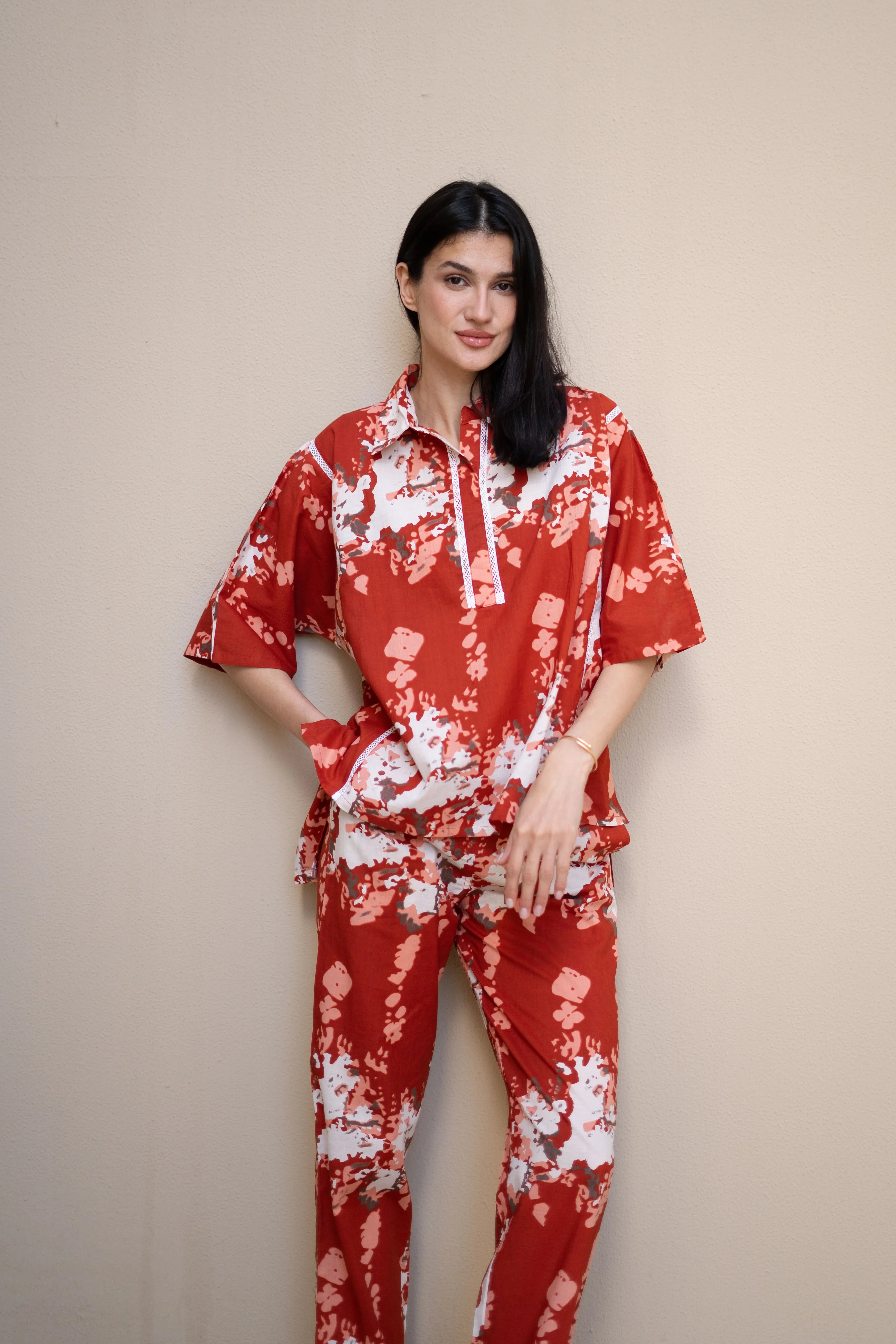 Red Color Floral Printed Cotton Night Suit - SanskrutiHomes