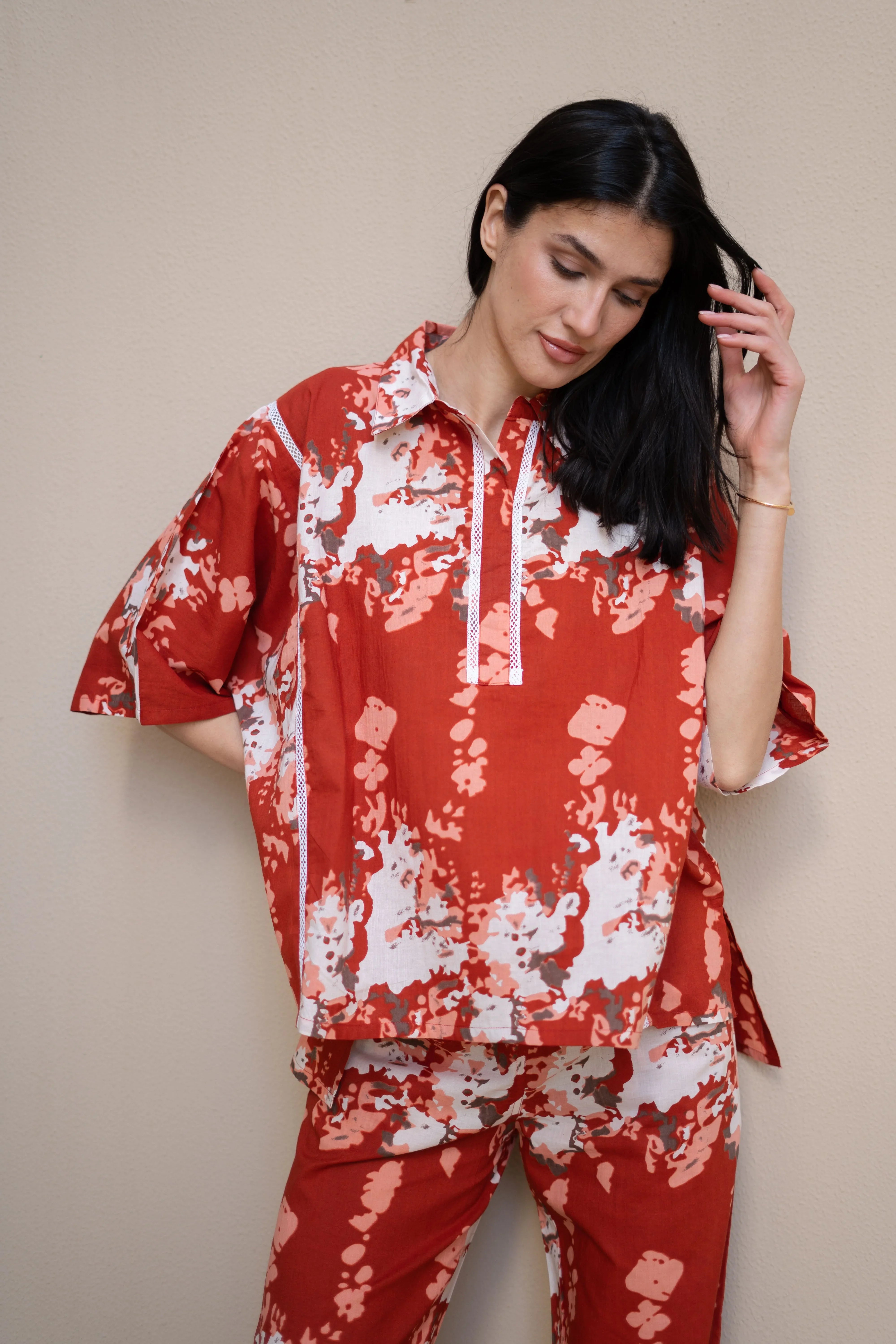 Red Color Floral Printed Cotton Night Suit - SanskrutiHomes