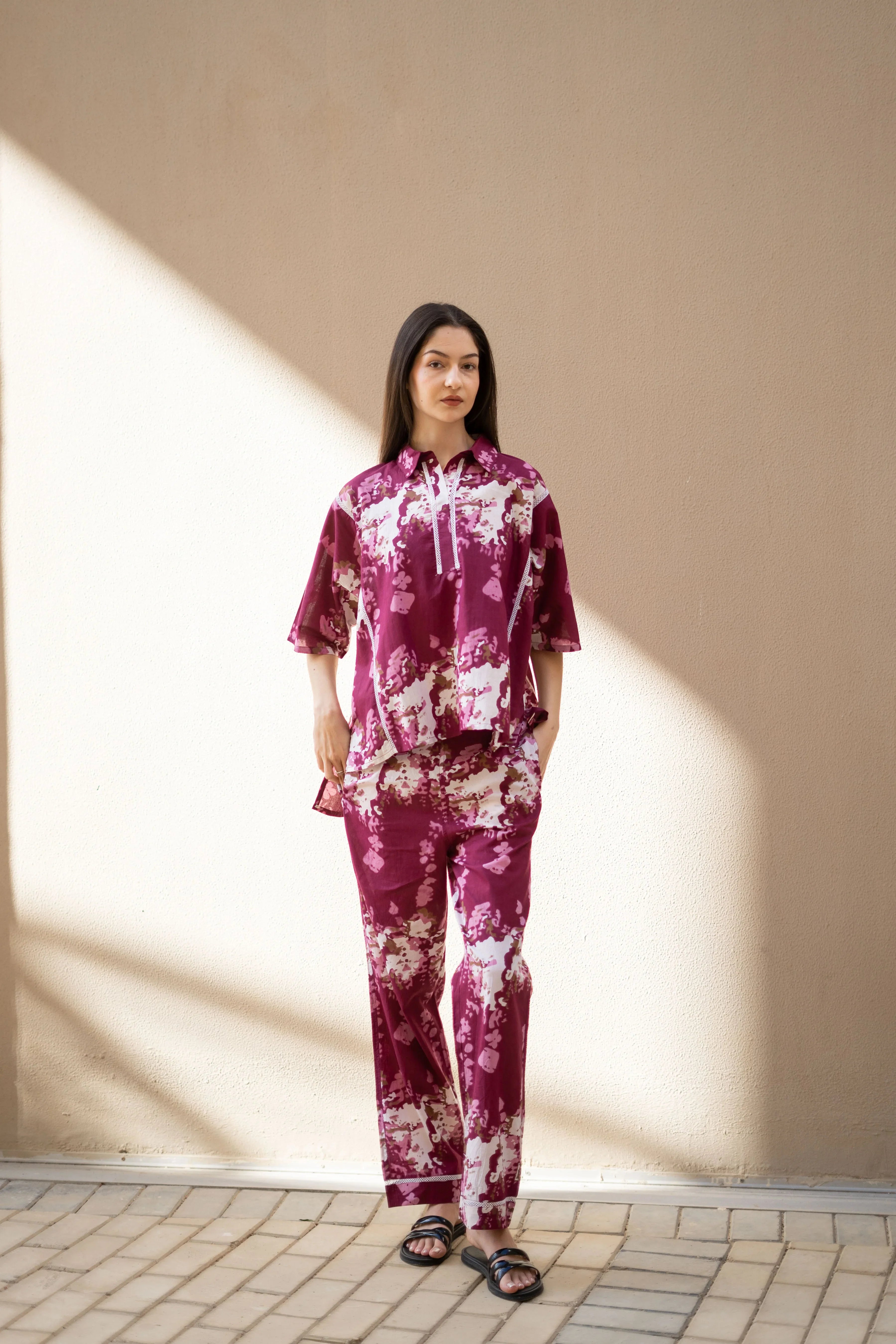 Pink Floral Printed Cotton Night Suit for Women - SanskrutiHomes