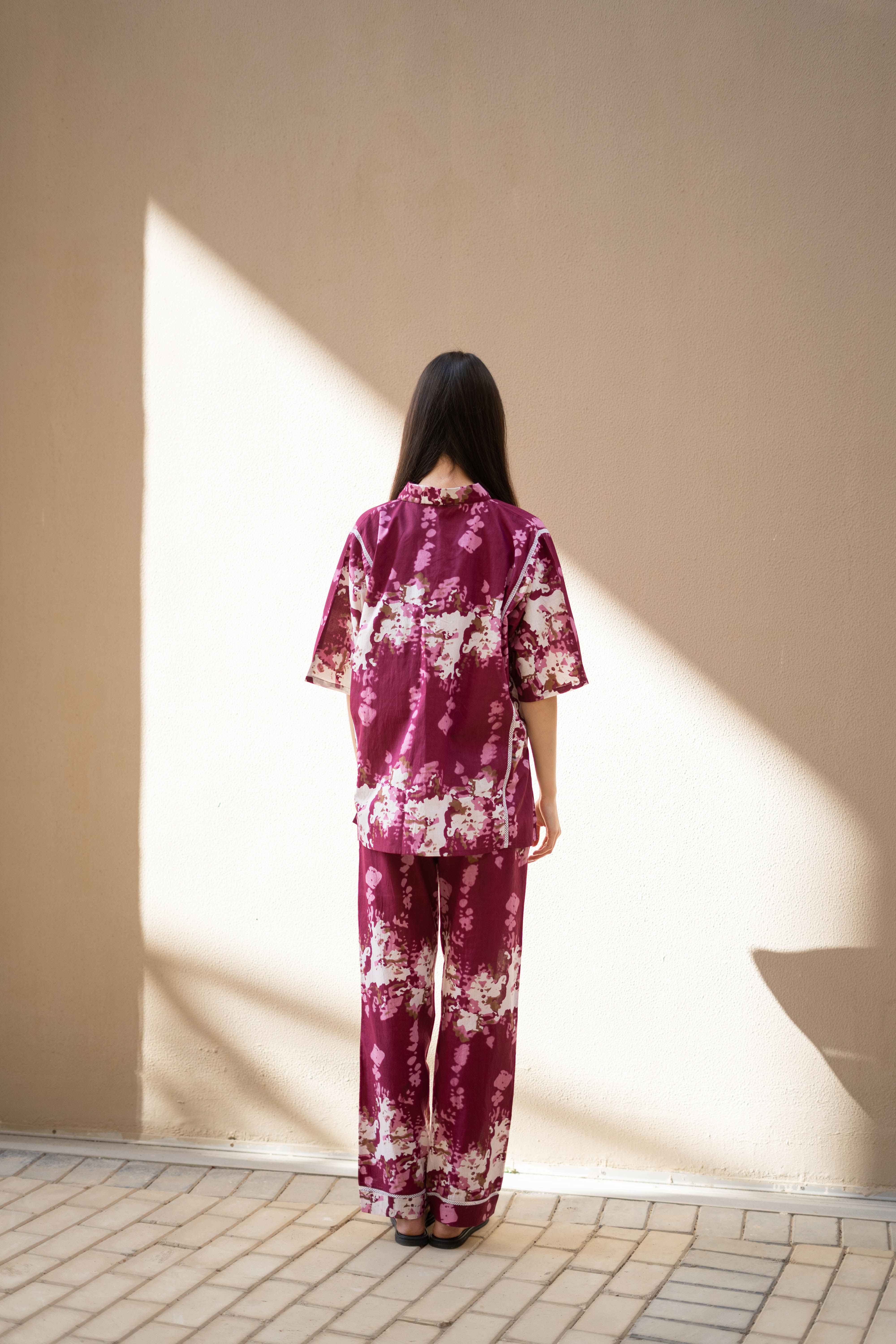 Pink Floral Printed Cotton Night Suit for Women