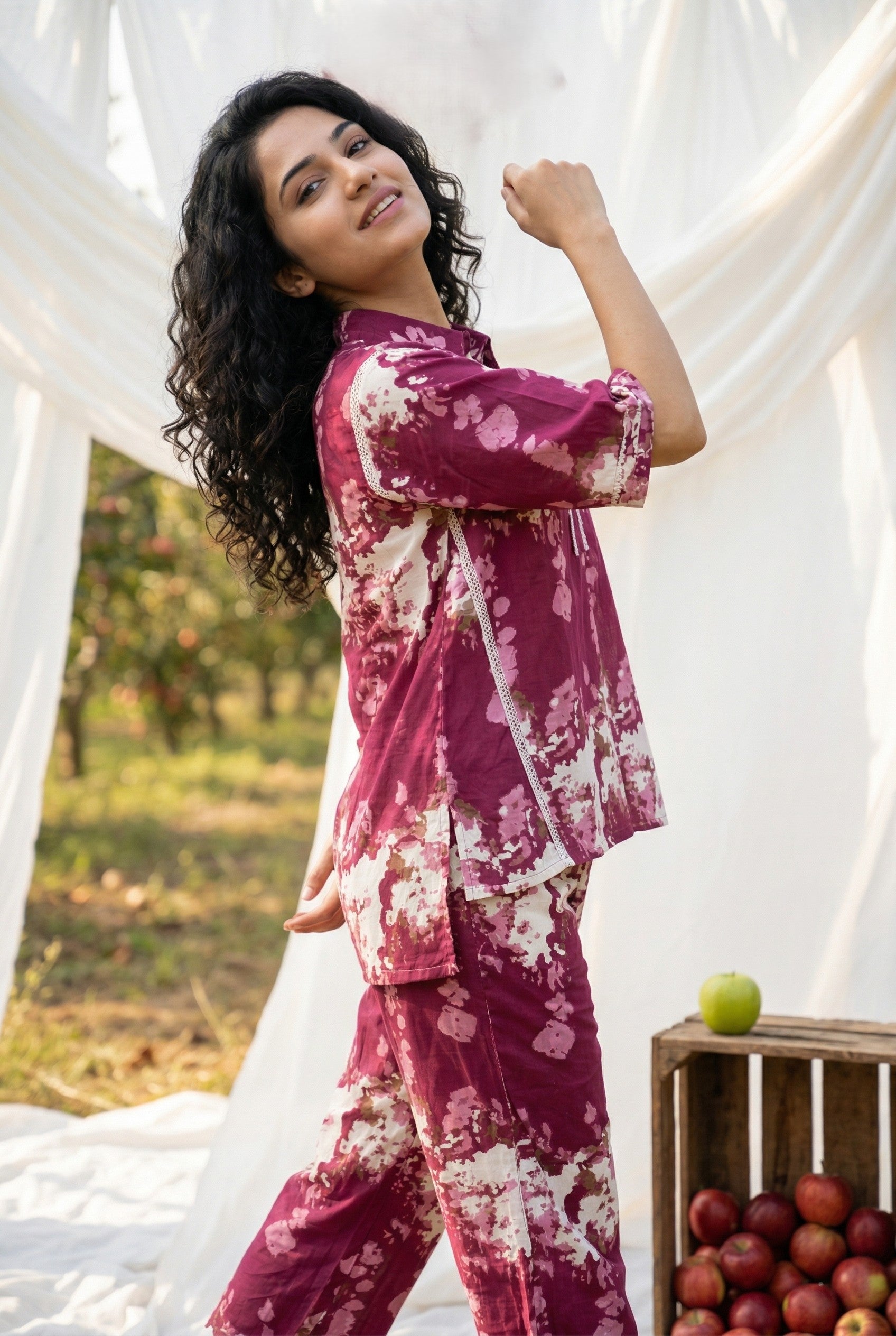 Pink Shirt Collar Floral Print Cotton Night Suit For Women