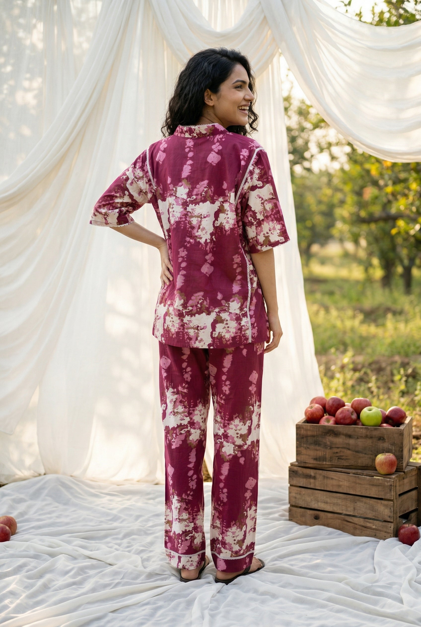 Pink Shirt Collar Floral Print Cotton Night Suit For Women