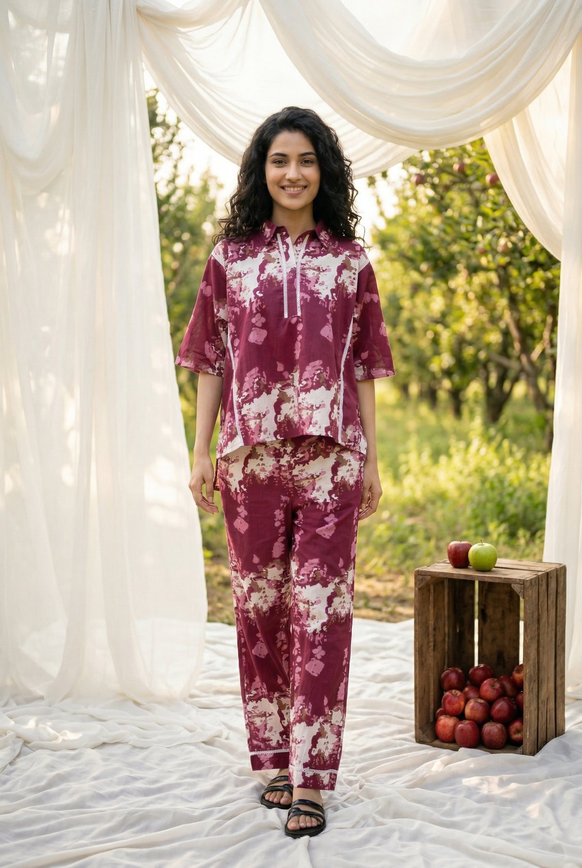 Pink Color Floral Print Shirt Collar Night Suit for Women