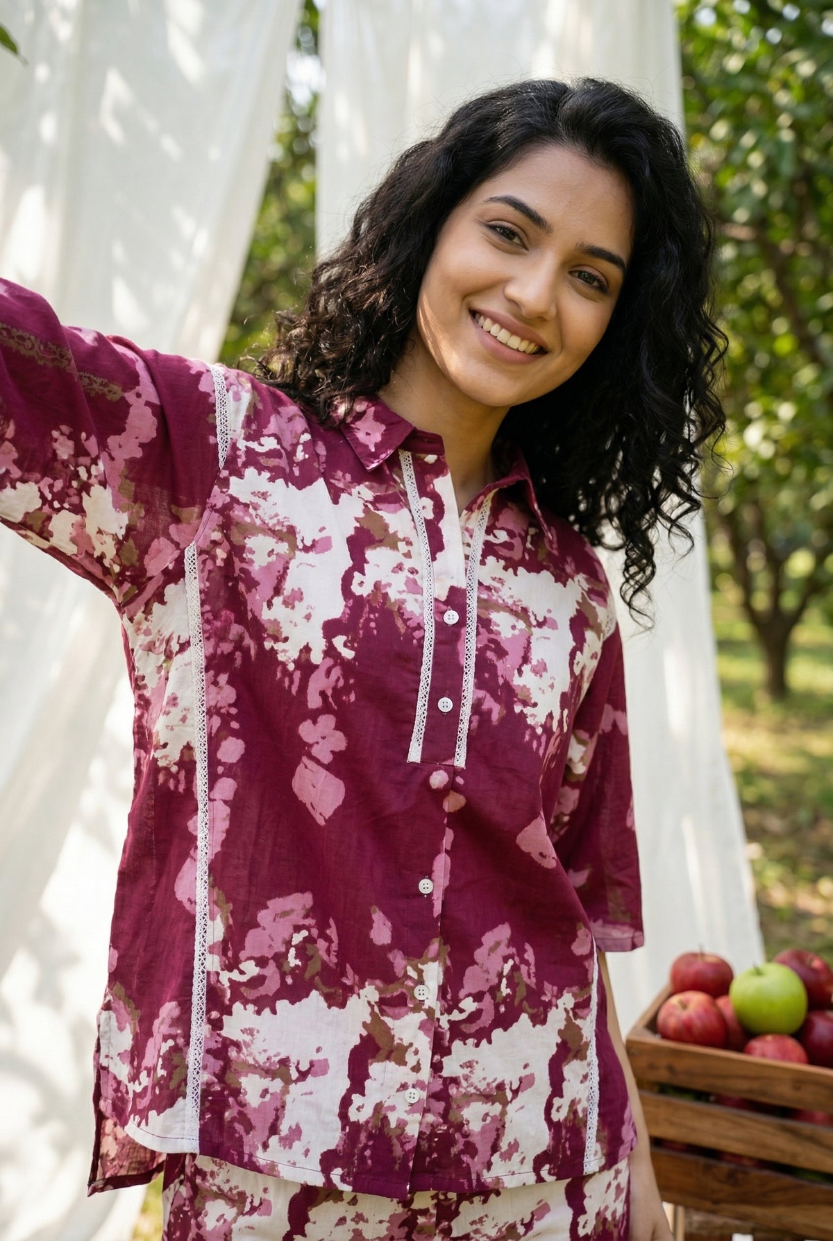 Pink Color Floral Print Shirt Collar Night Suit for Women