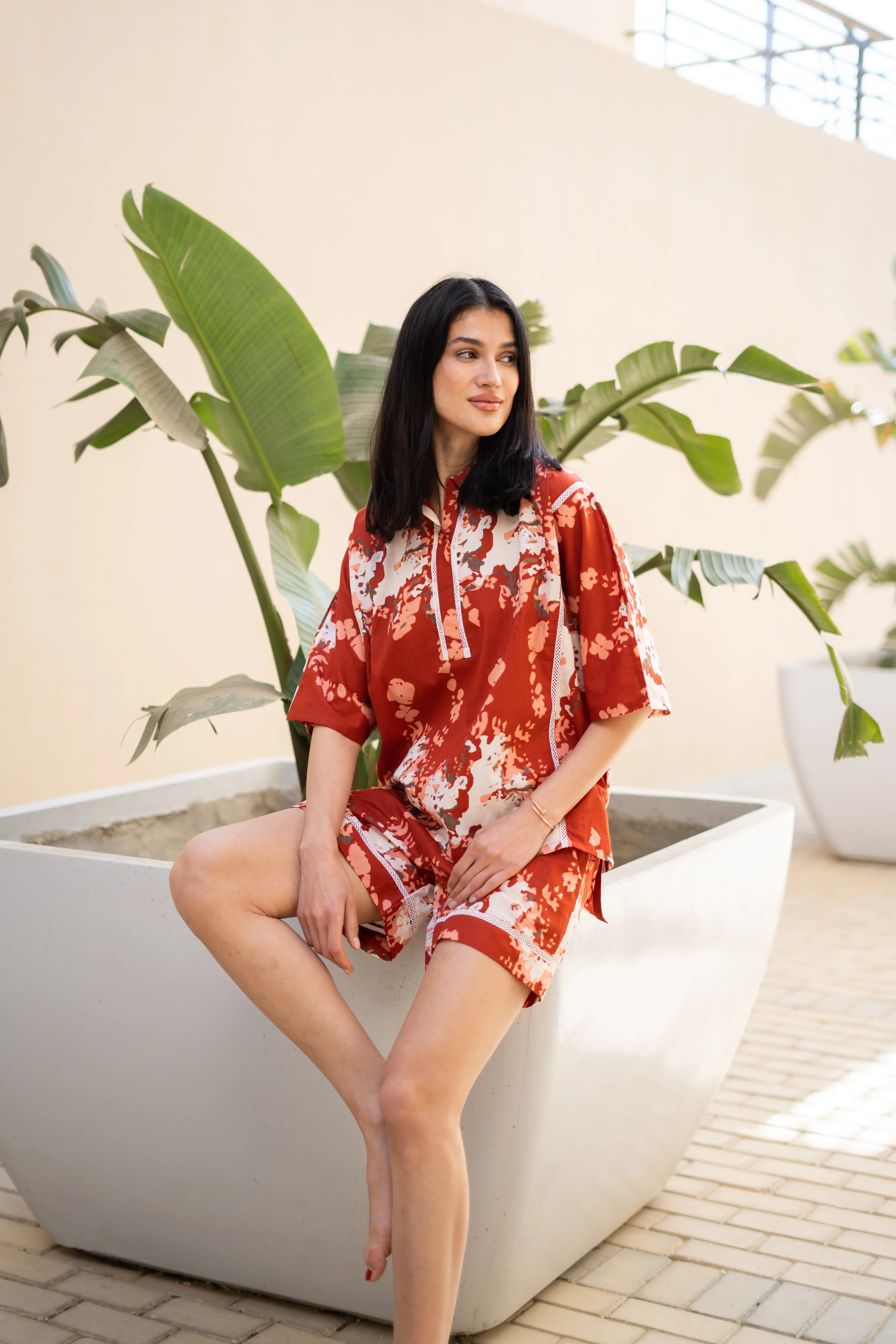 Rust Color Floral Printed Night Suit for Women - SanskrutiHomes