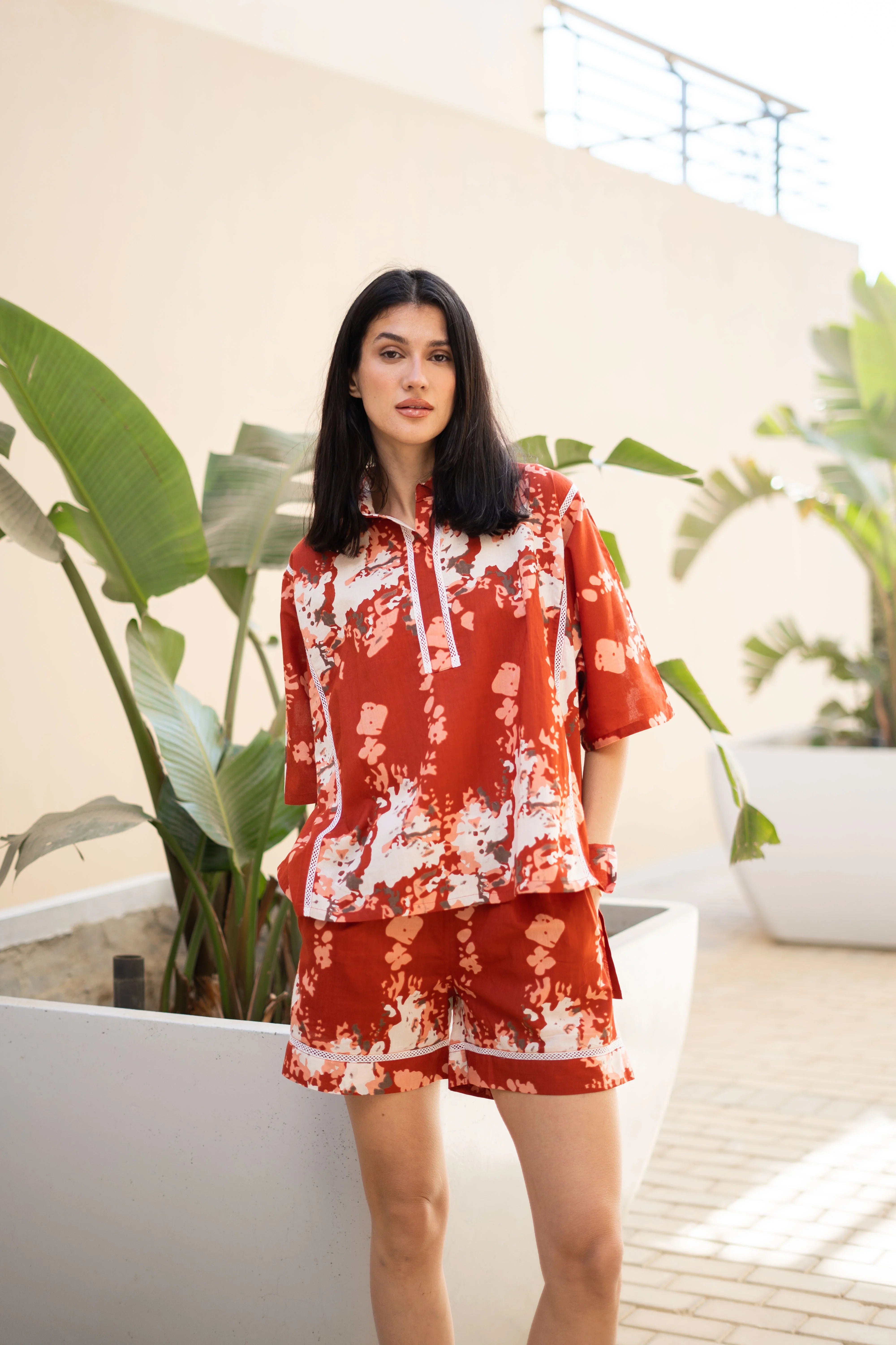 Rust Color Floral Printed Night Suit for Women - SanskrutiHomes