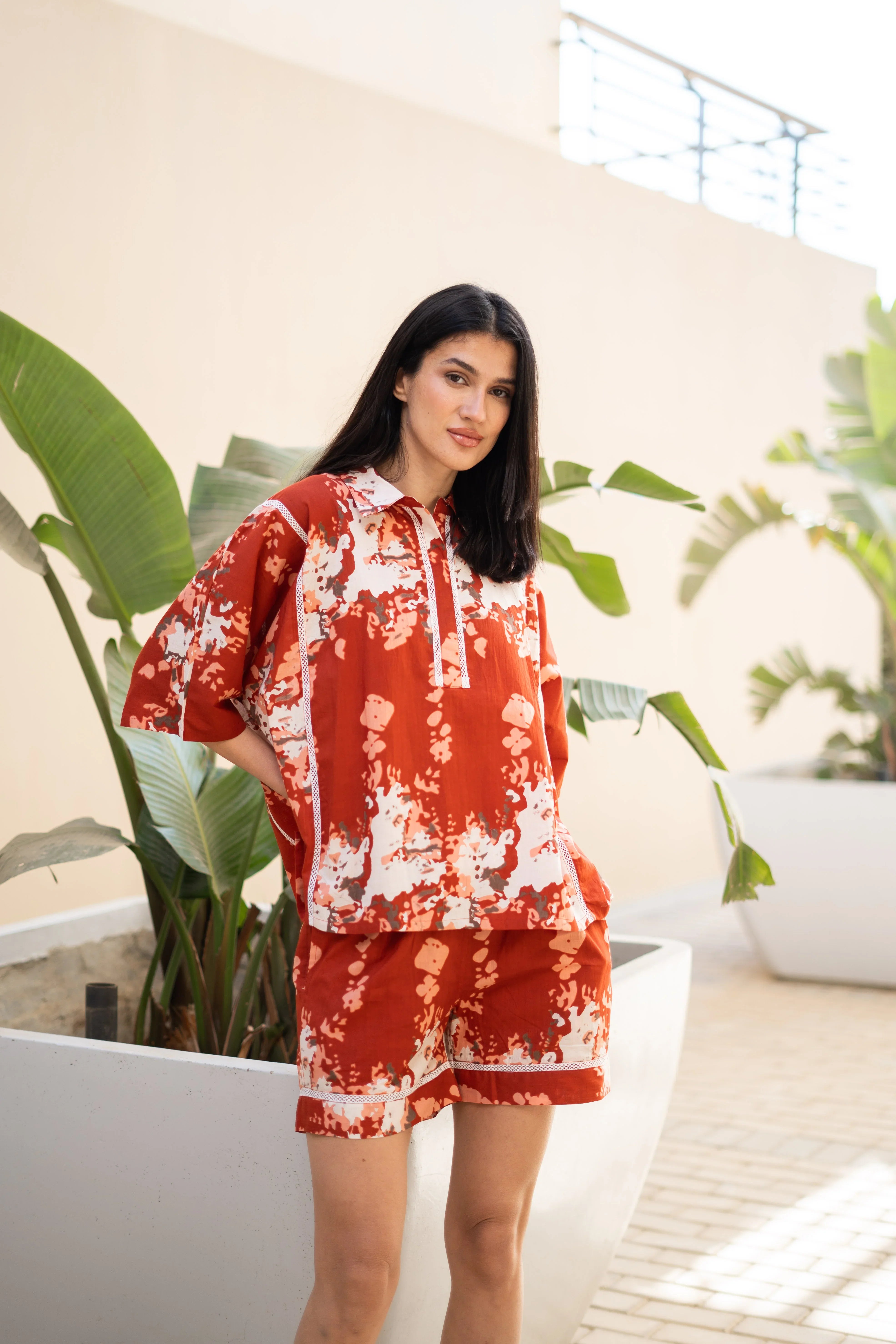 Rust Color Floral Printed Night Suit for Women - SanskrutiHomes