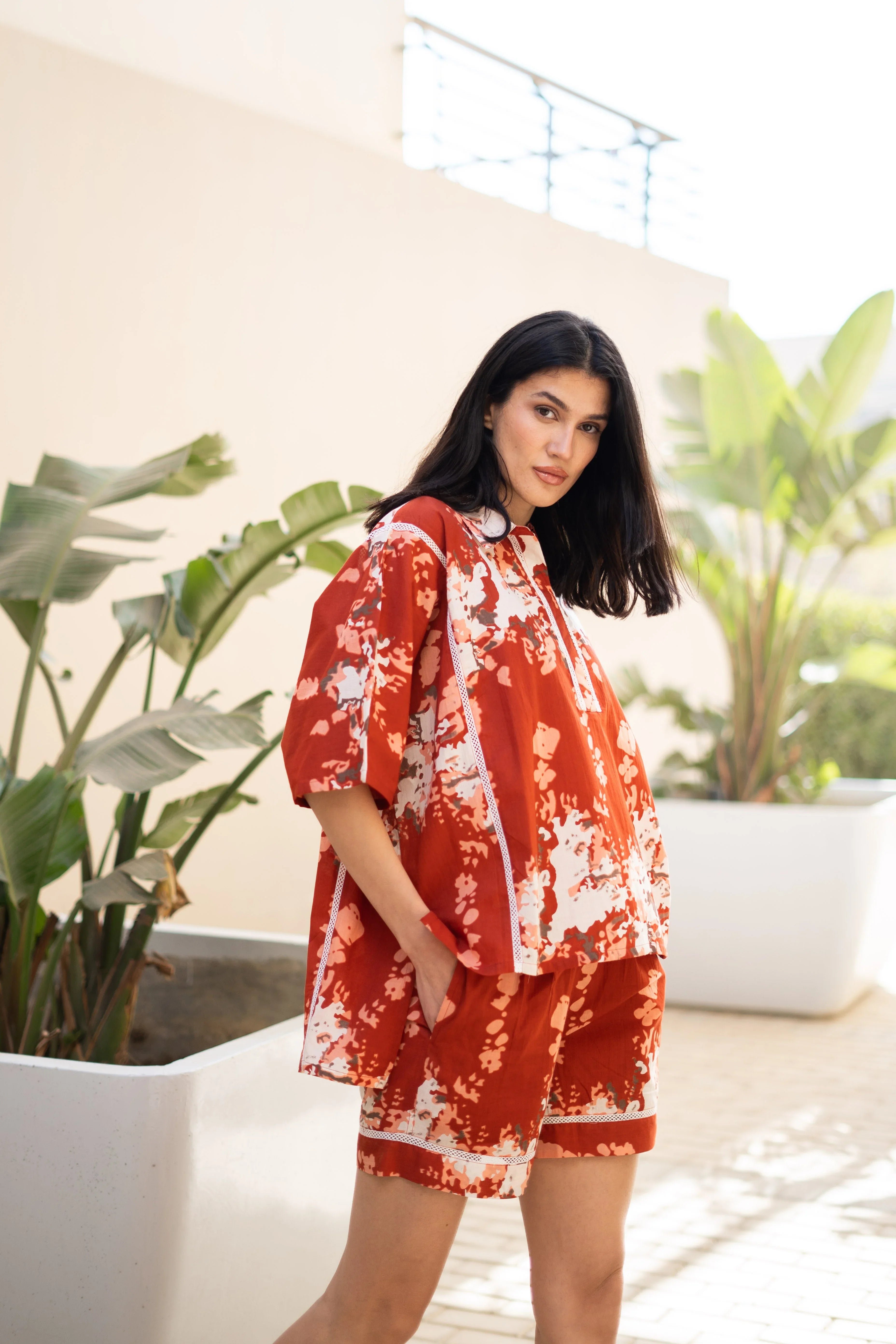 Rust Color Floral Printed Night Suit for Women - SanskrutiHomes